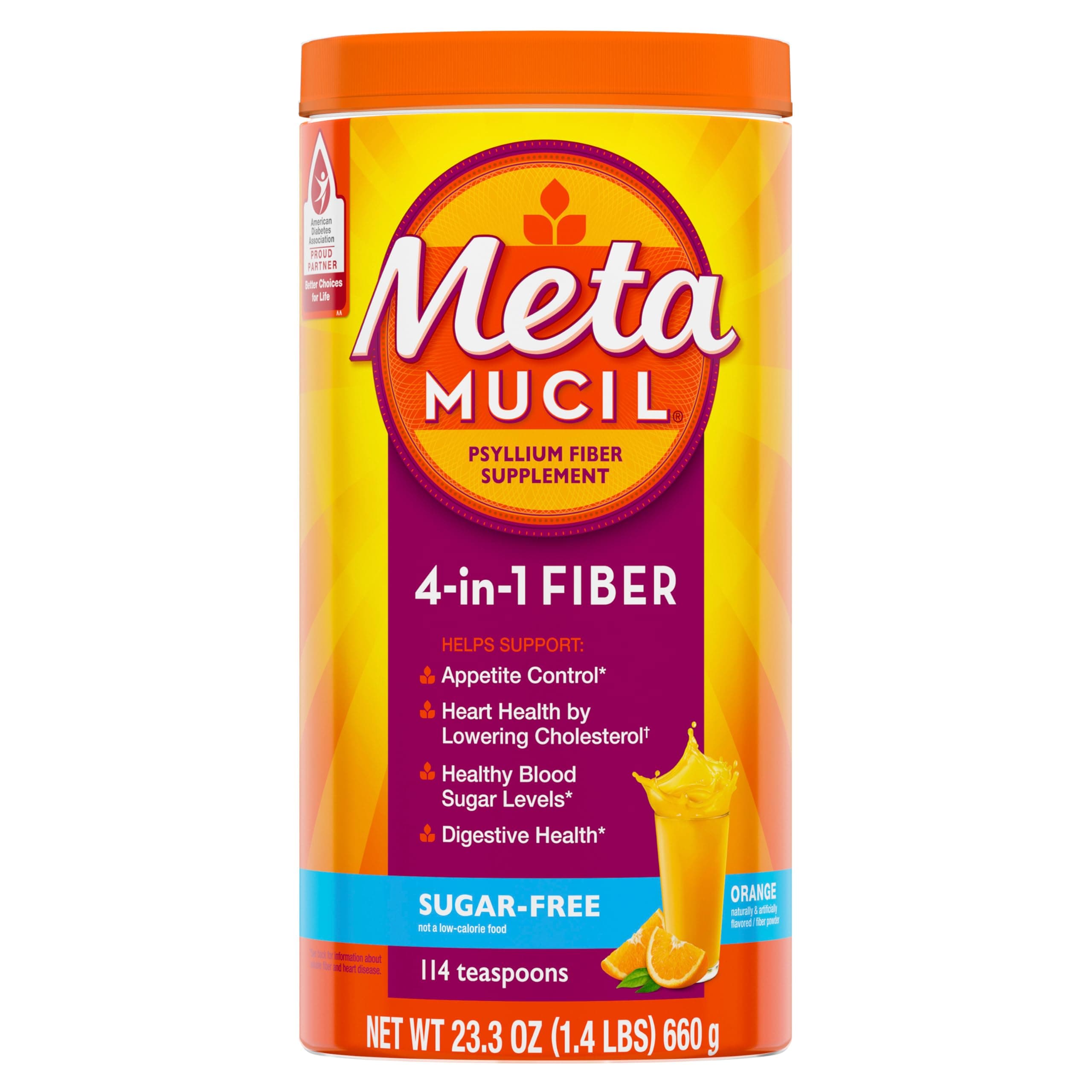 Metamucil Fiber, 4-in-1 Psyllium Fiber Supplement, Sugar-Free Powder, Orange Smooth Flavored Drink, 114 Servings (Packaging May Vary)