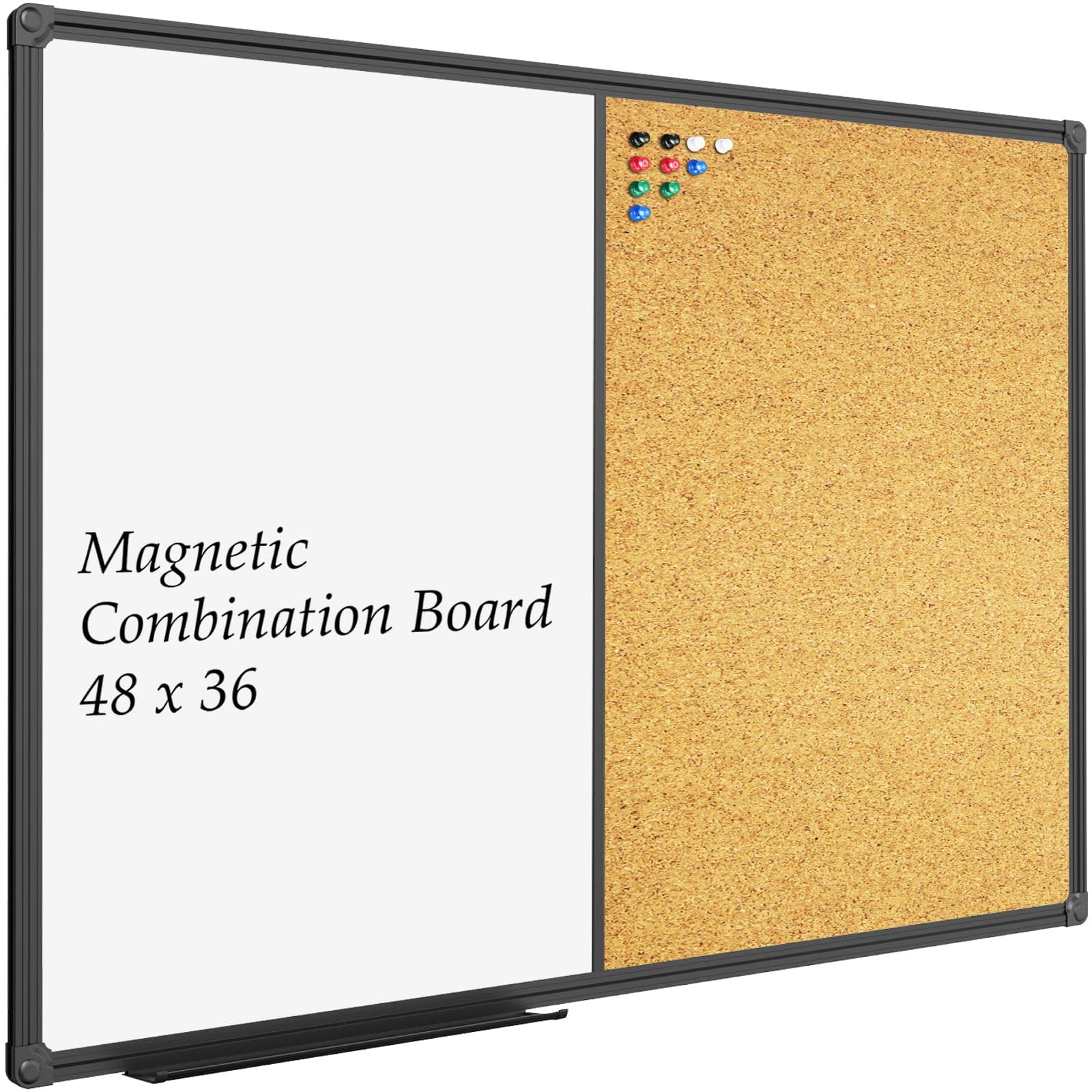 JILoffice White Board & Bulletin Corkboard Combination, Combo Board 48 x 36 Magnetic Whiteboard, Black Aluminum Frame Wall Mounted Board for Office Home and School with 10 Push Pins