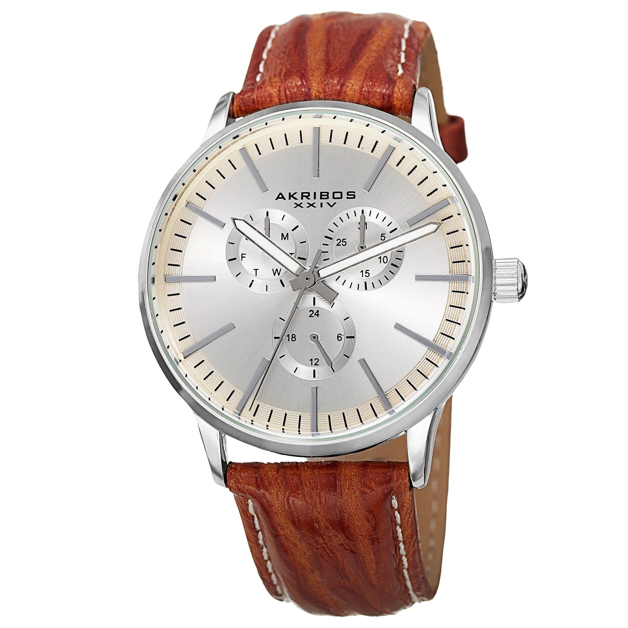 Akribos XXIV Omni Mens Casual Watch - Sunburst Effect Dial - 3 Subdial Multifunction Quartz Movement - Leather Strap - AK838