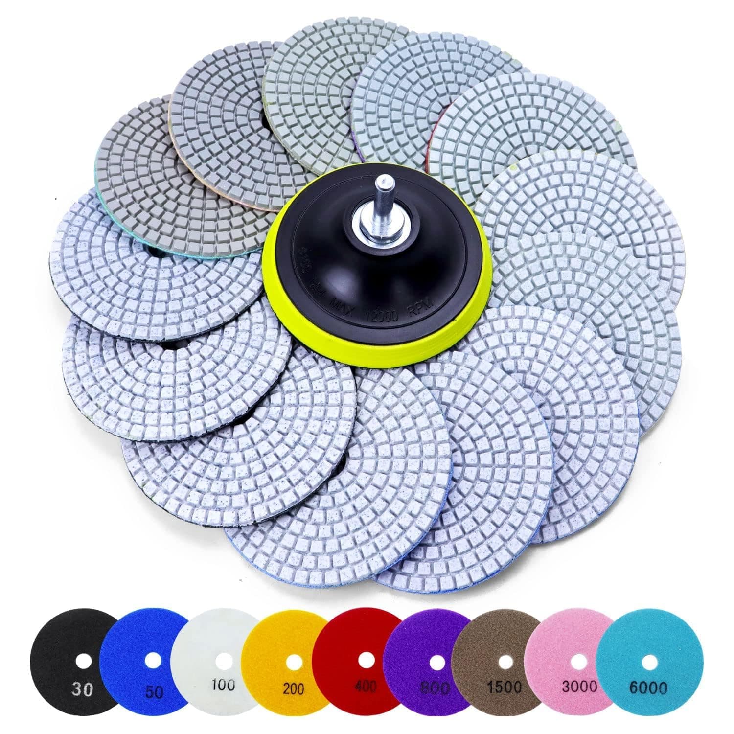 16PCS Wet Dry Diamond Polishing Pad Kit, 4 Inch Diamond Sanding Pad 30-6000 Grit with 5/8''-11 Thread Backer Plate for Concrete Marble Quartz Granite Countertop Stone & Tile Polishing