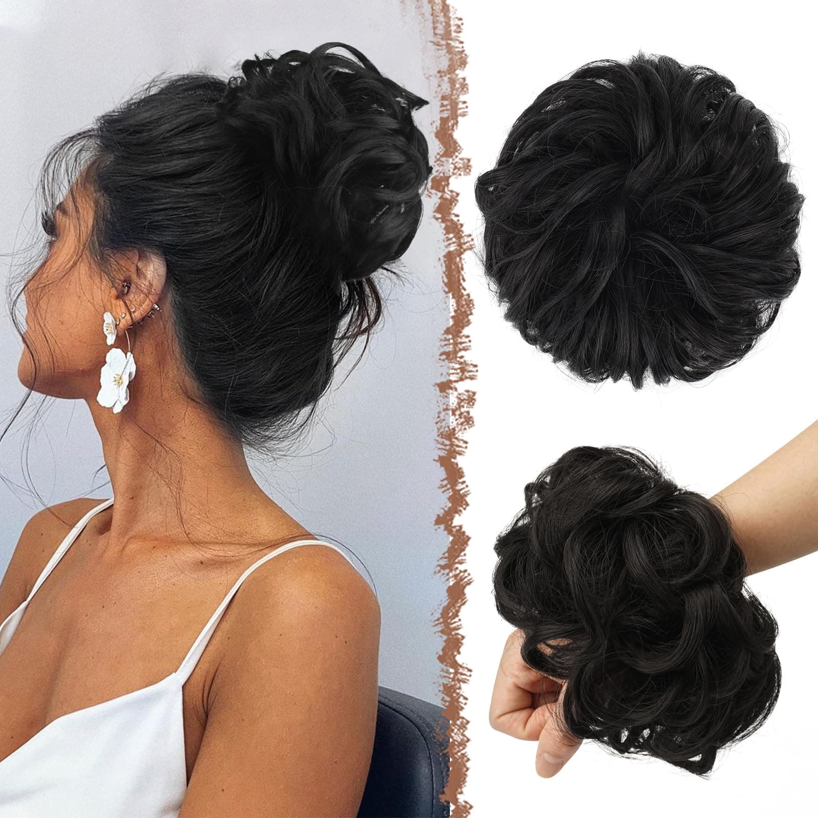 FESHFEN Messy Bun Hair Piece Hairs Scrunchies Thick Curly Wavy Pony Tail Synthetic Accessories Donut Updo Hairpieces for Women Girls 55g, Natural Black