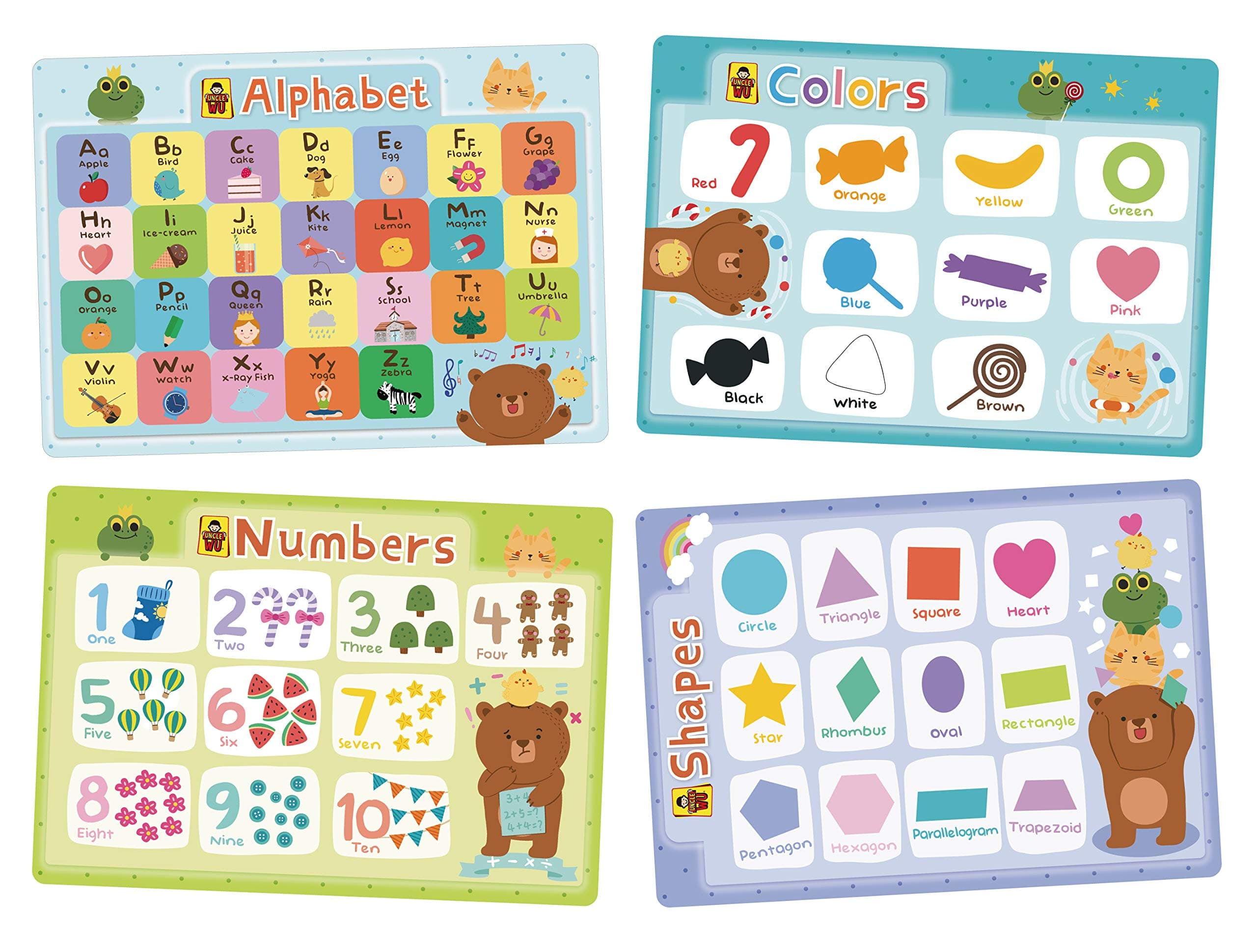 UNCLE WU Kids Placemats - Alphabet & Colors &Numbers &Shapes -Early Childhood Education Materials Preschool -16 x 12 inch Waterproof Poster