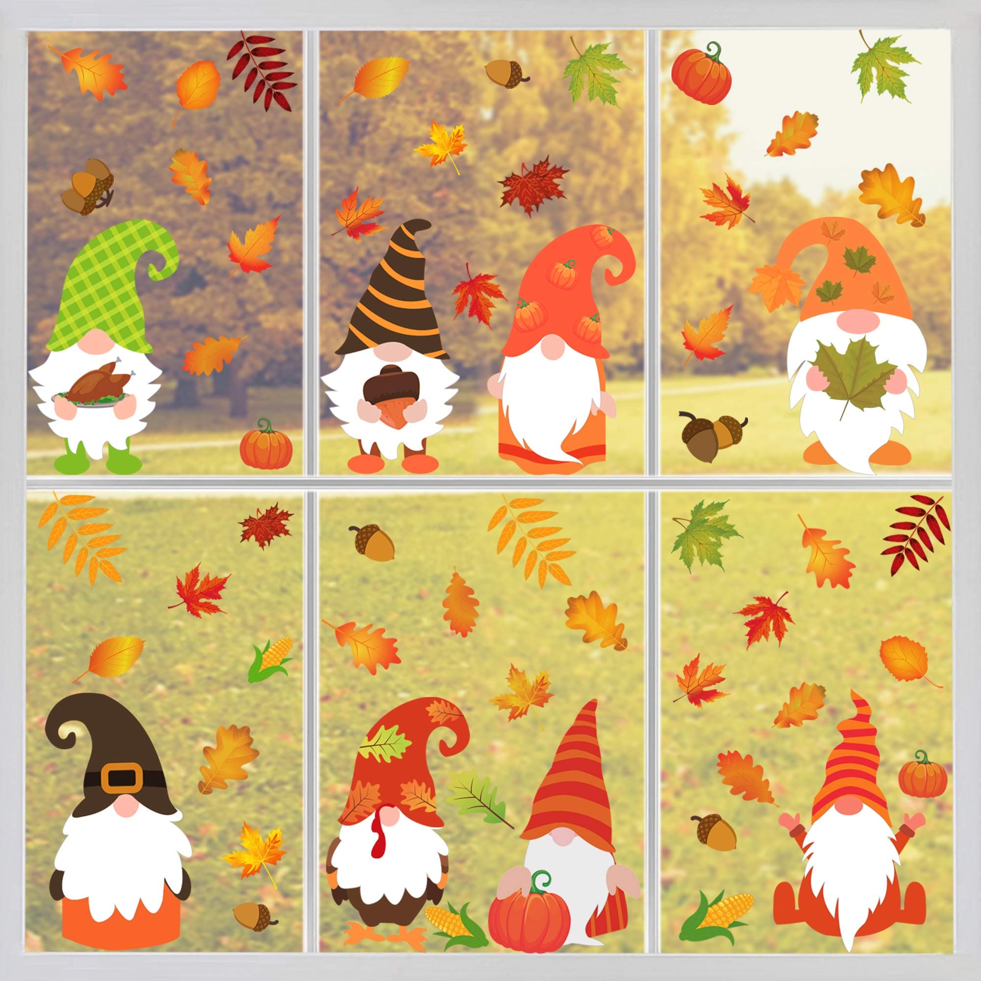 Tifeson Fall Thanksgiving Window Clings - 4 Sheets Autumn Gnome Elf Scandinavian Autumn Tomte Window Decals Decorations - Thanksgiving Decorations for Home, Fall Decorations