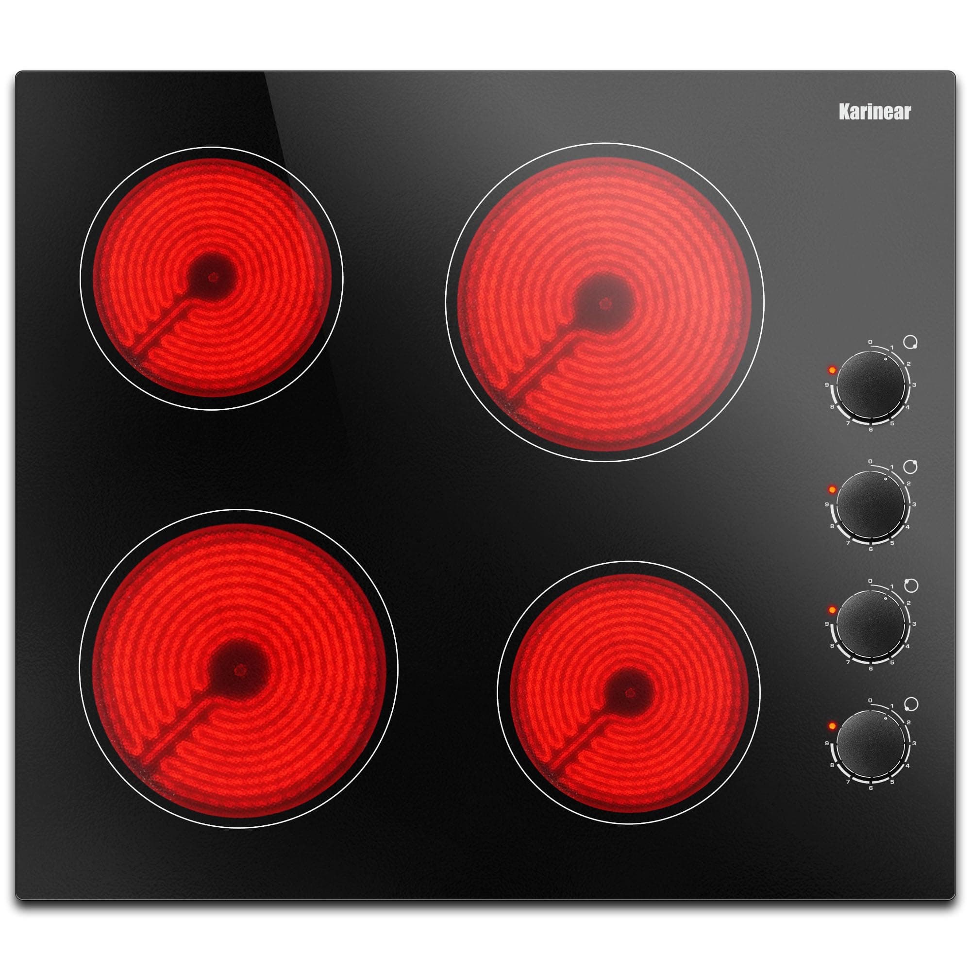 Karinear 24 Inch Electric Cooktop 4 Burners Electric Stove, Knob Control,6000W, Built-in Radiant Hob,Residual Heat Indicator, Overheat Protection,Hardwired 220V Radiant Ceramic Stove(Black Knob)