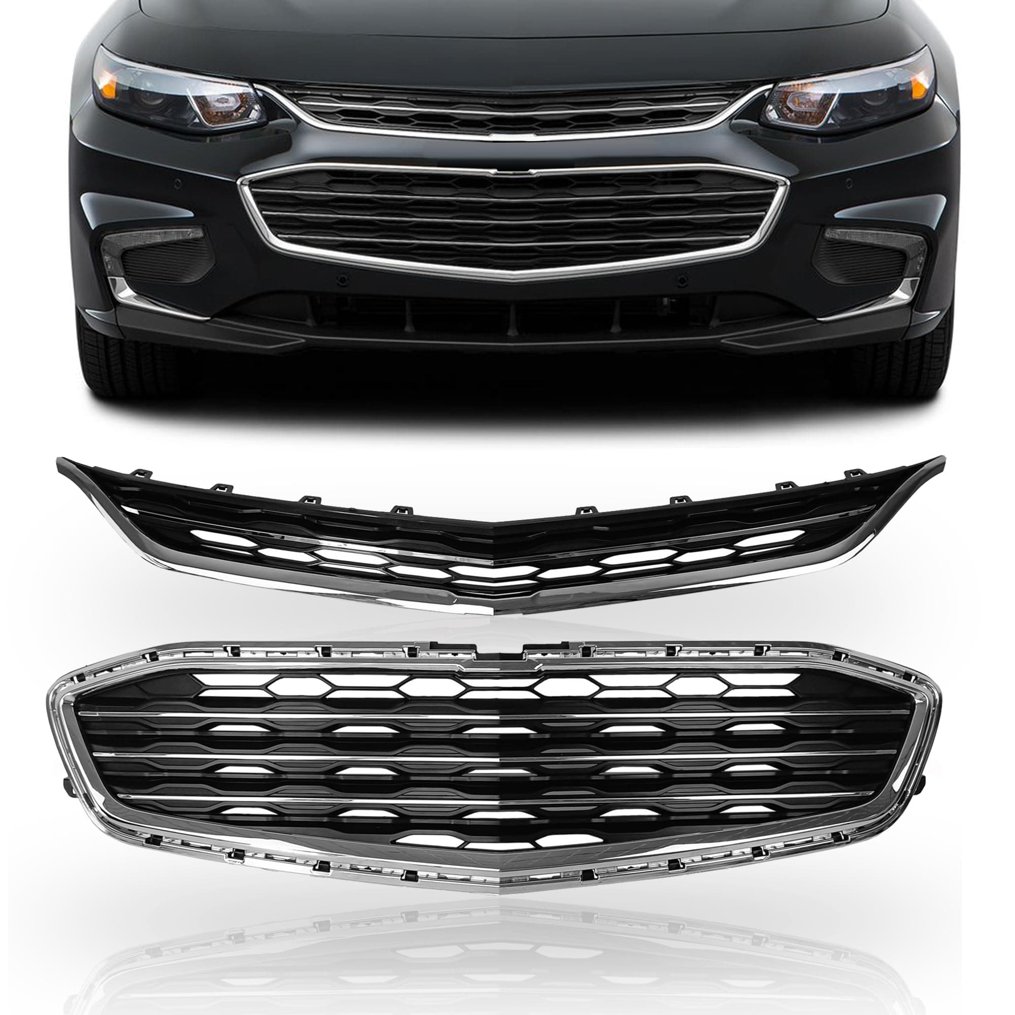 PartsFlow Front Bumper Grille Upper And Lower Honeycomb Mesh Grill Black With Chrome For 2016 2017 2018 Chevrolet Chevy Malibu GM1200730