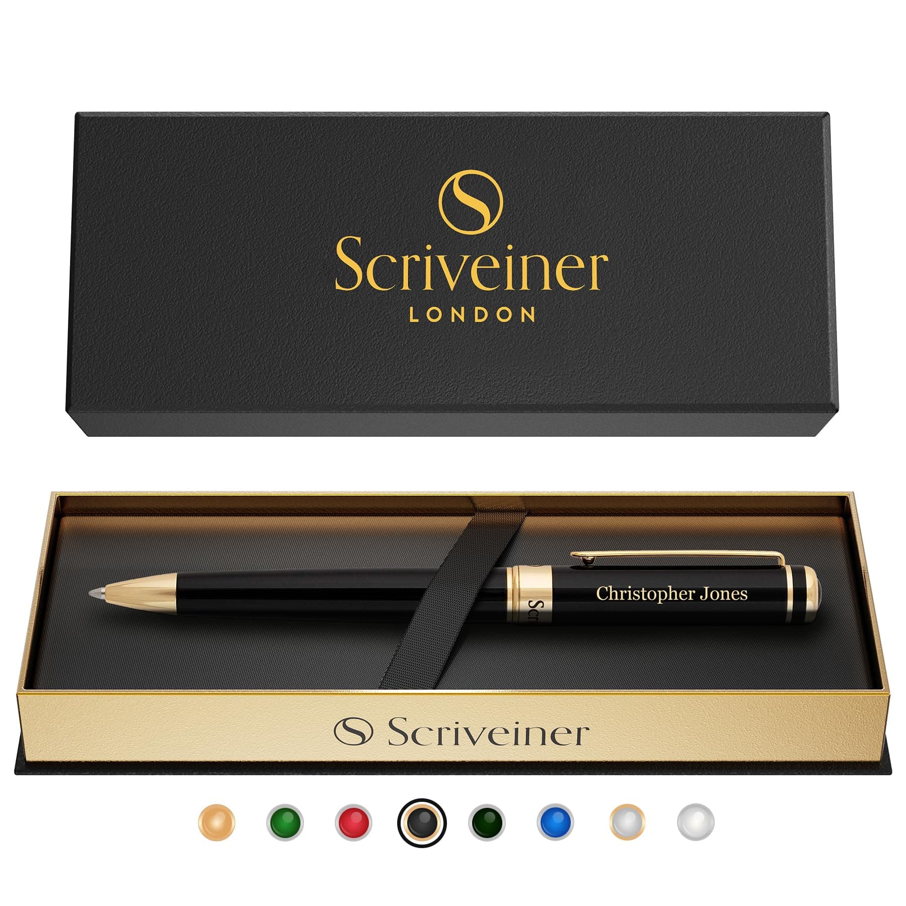 Scriveiner Personalized Black Ballpoint Pen - Stunning Luxury Pen, Jet Black Lacquer, Real Gold Plating, Schmidt Ink Refill, Best Engraved Ball Point Gift Set for Men & Women, Custom Name Engraving