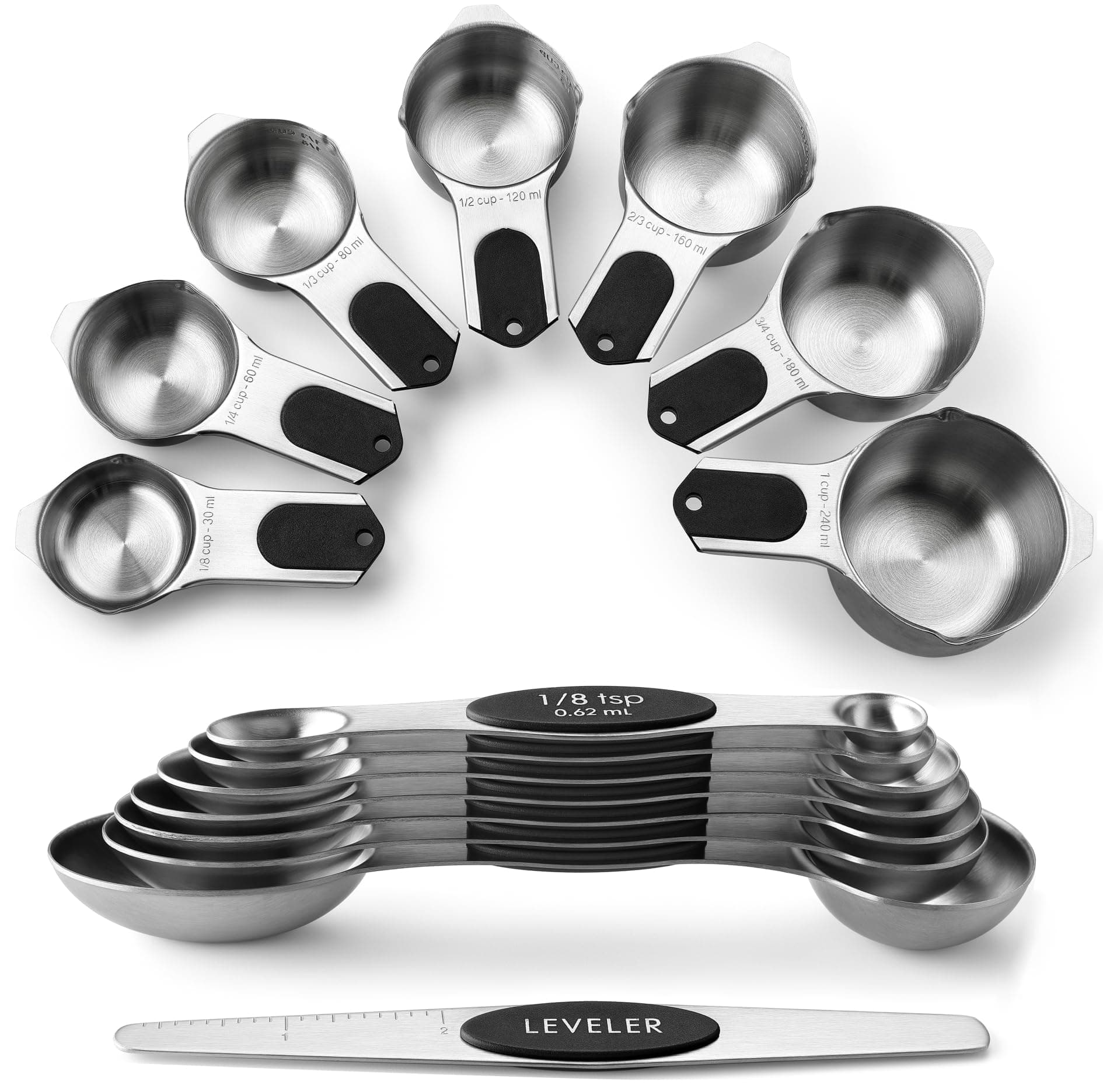 Spring Chef Magnetic Measuring Cups & Spoons Set, Patented, Strong N45 Magnets, Heavy Duty Stainless Steel Fits in Spice Jars for Baking & Cooking, BPA Free, Round Set of 15 with Leveler, Black