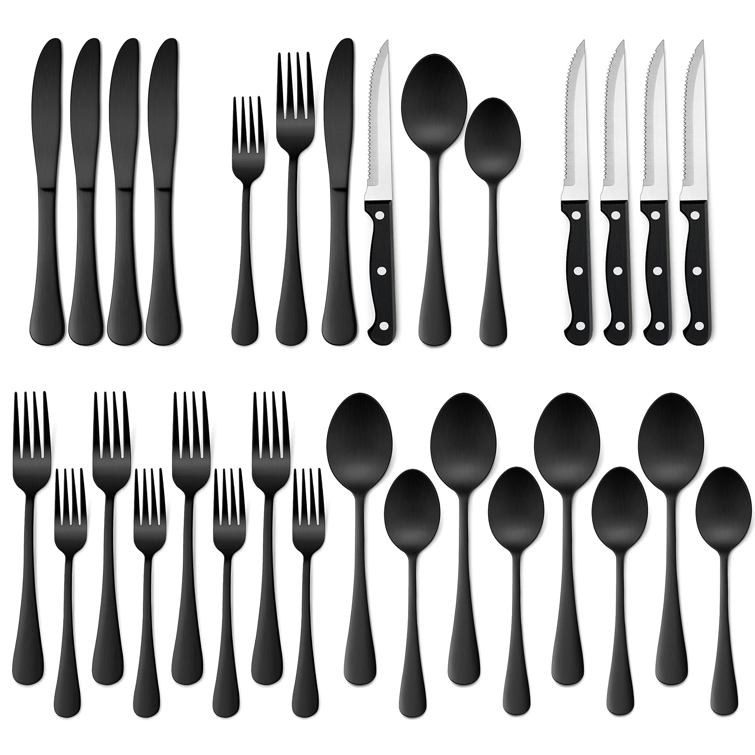 Homikit 24-Piece Matte Black Silverware Set with Steak Knives, Stainless Steel Flatware Cutlery Set for 4, Fancy Eating Utensils Tableware Include Knives Forks Spoons for Home Party, Dishwasher Safe