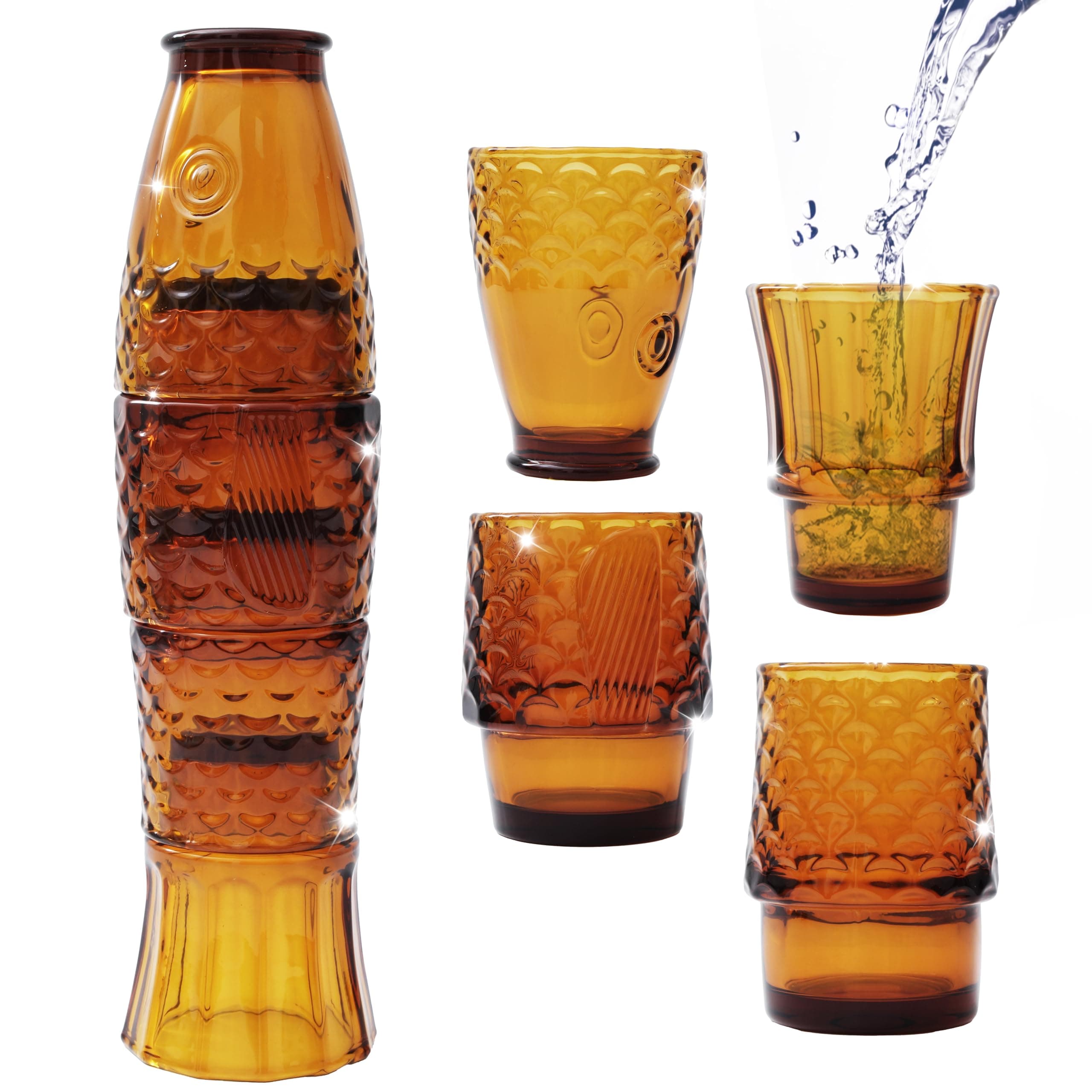 Gökotta Set of 4 | Handmade Stacking Koi Carp Fish Cocktail Glasses | Drinking Tumblers | Retro Fun Quirky Gift Present | Dinner Party Water Juice Coffee Mugs Cups | 4PCS 250ml (Amber)