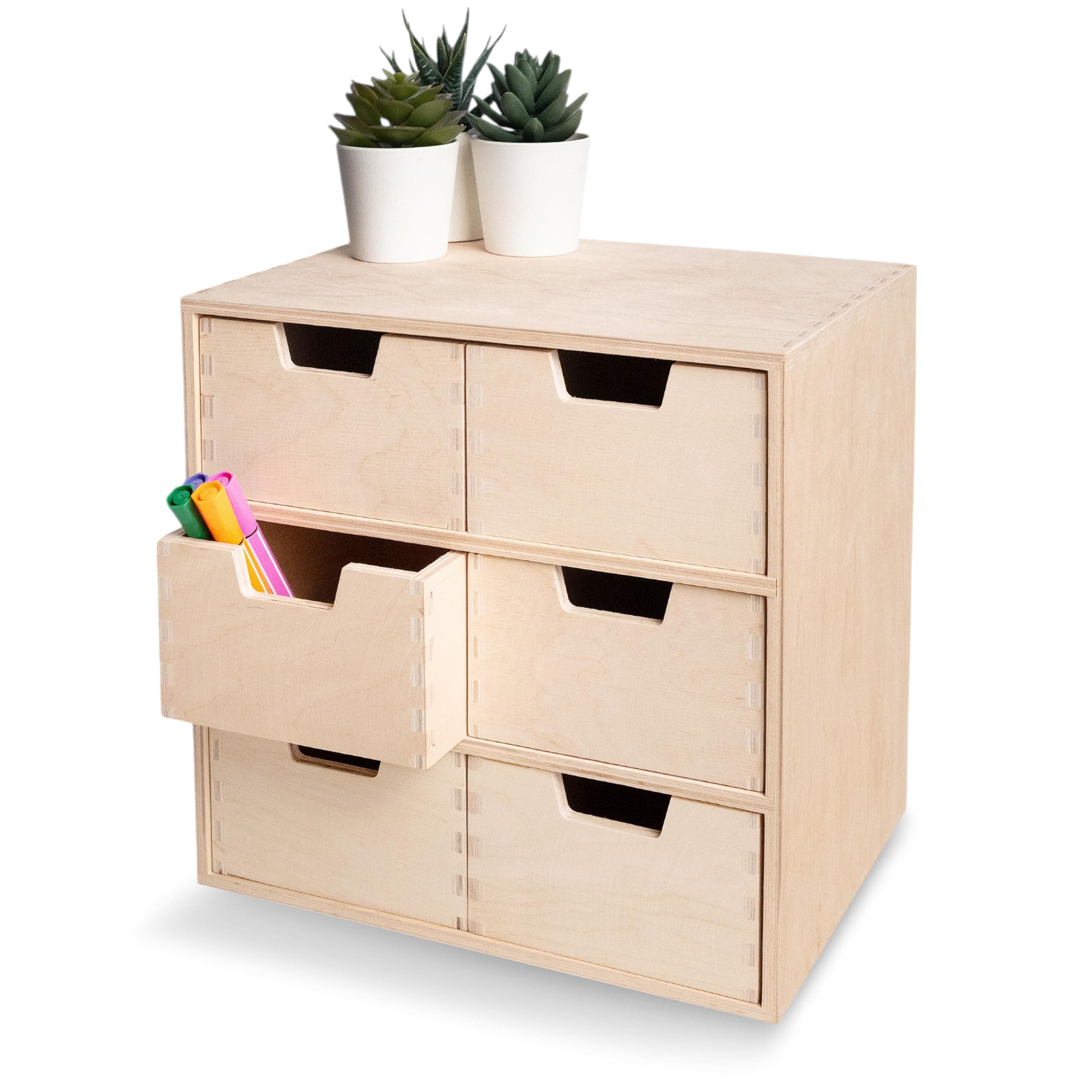 Creative Deco Mini Wooden Chest of Drawers | 28.5x20x28.5cm | 6 Compartments | Organiser for Paper Work Documents | Plain Stationary Organiser for Office Accessories | Large Storage Box with Drawer