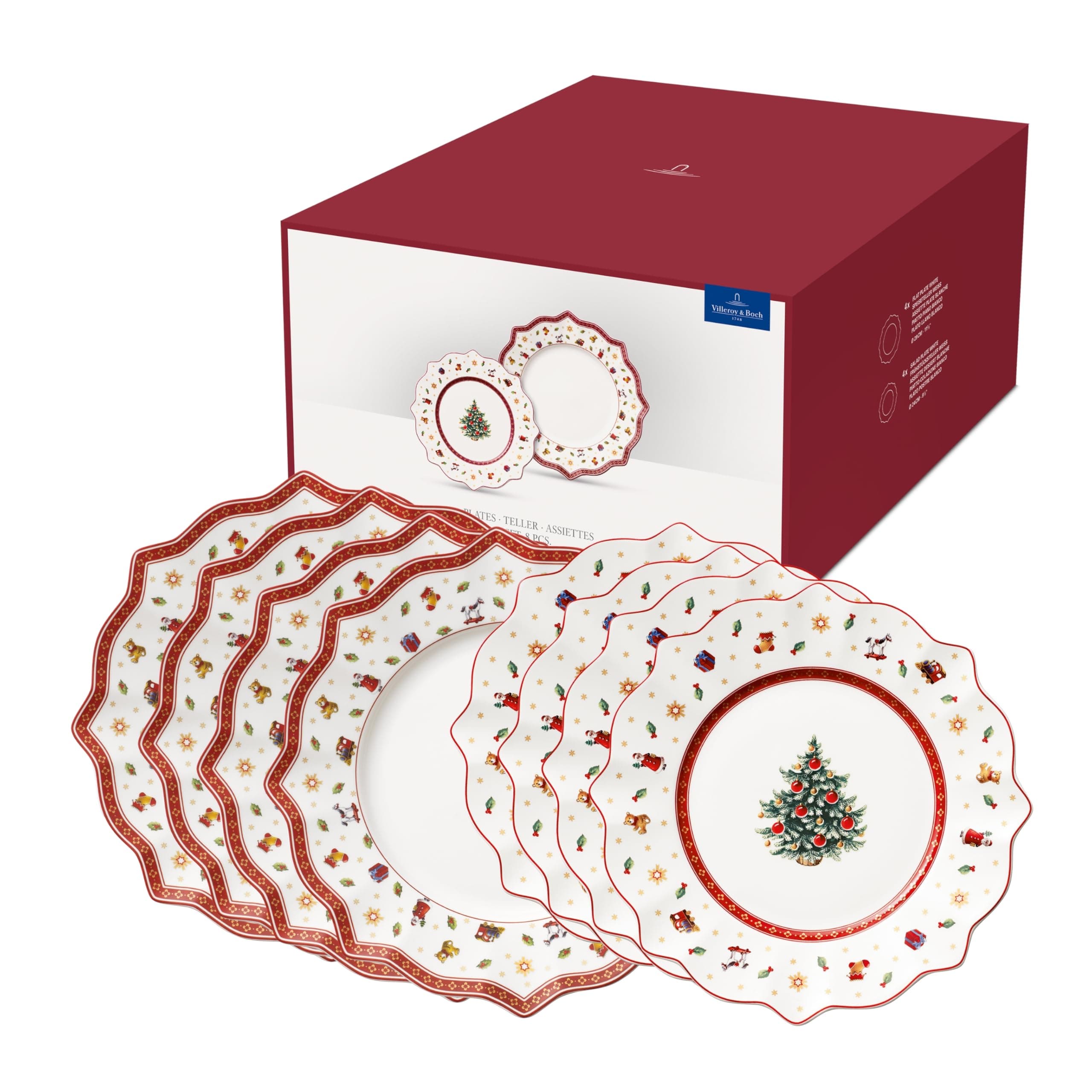 Toy's Delight Set of Plates 8 Pieces, Microwave Safe, Large Dinner Plates Christmas, Breakfast Plates Christmas, Xmas Toys, Premium Porcelain