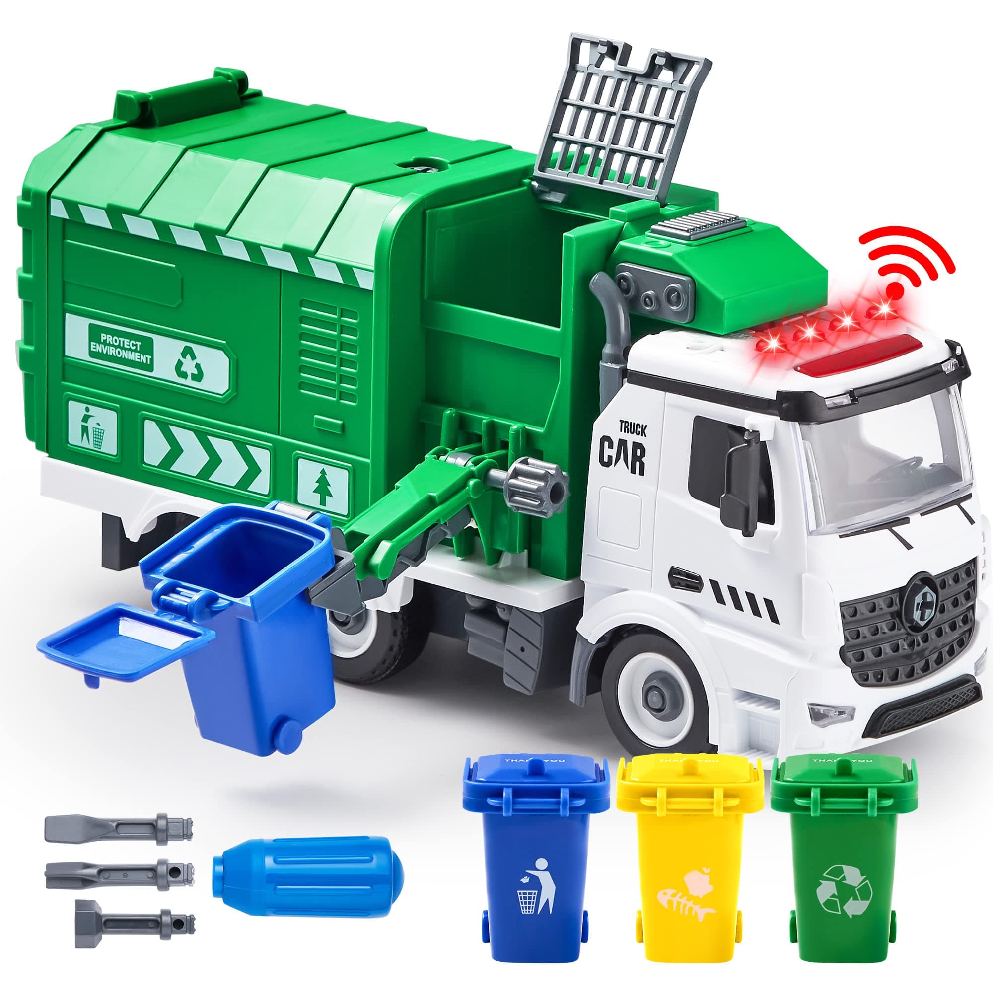 JOYIN Jumbo Take Apart Friction Powered Side-Dump Recycling Garbage Truck Toy with Light and Sounds, 3 Trash Cans, Garbage Truck Toys for 3 4 5 6 7 8+Years Old,Birthday Gifts for Boy(Green)