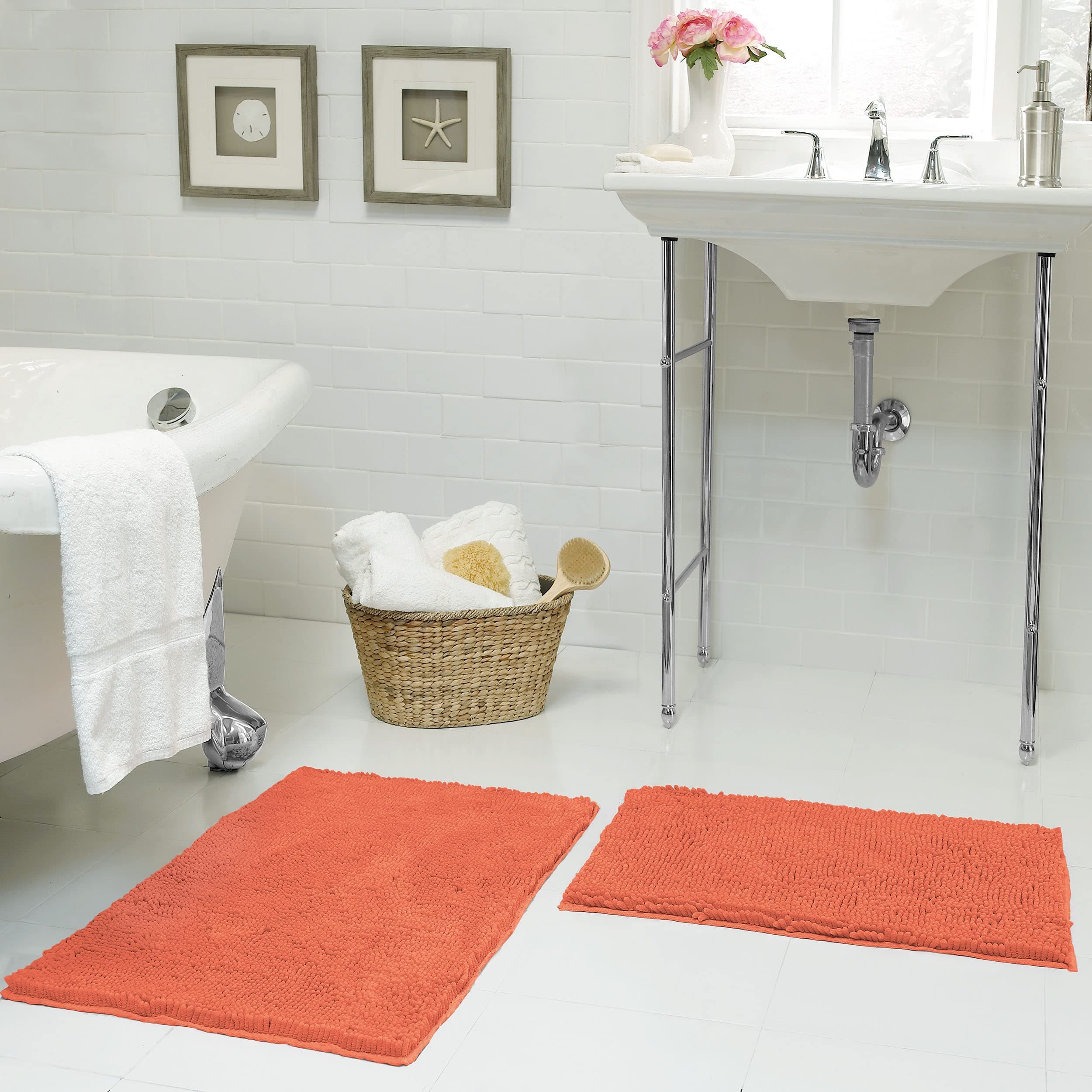 Resort Collection Plush Shag Chenille 2-Piece 17 x 24" Bath Mat Set, Coral
