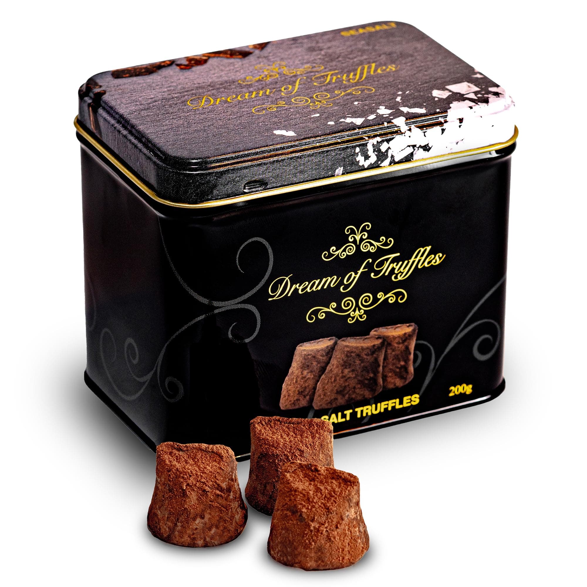 Dream Of Truffles Dark Chocolate Truffles With Sea Salt | Rich Cocoa Dusted Candy Tin | Smooth Soft-Center Melt | Cocoa Powdered Coating | 7.05 oz | For Birthdays, Holidays & Gifting