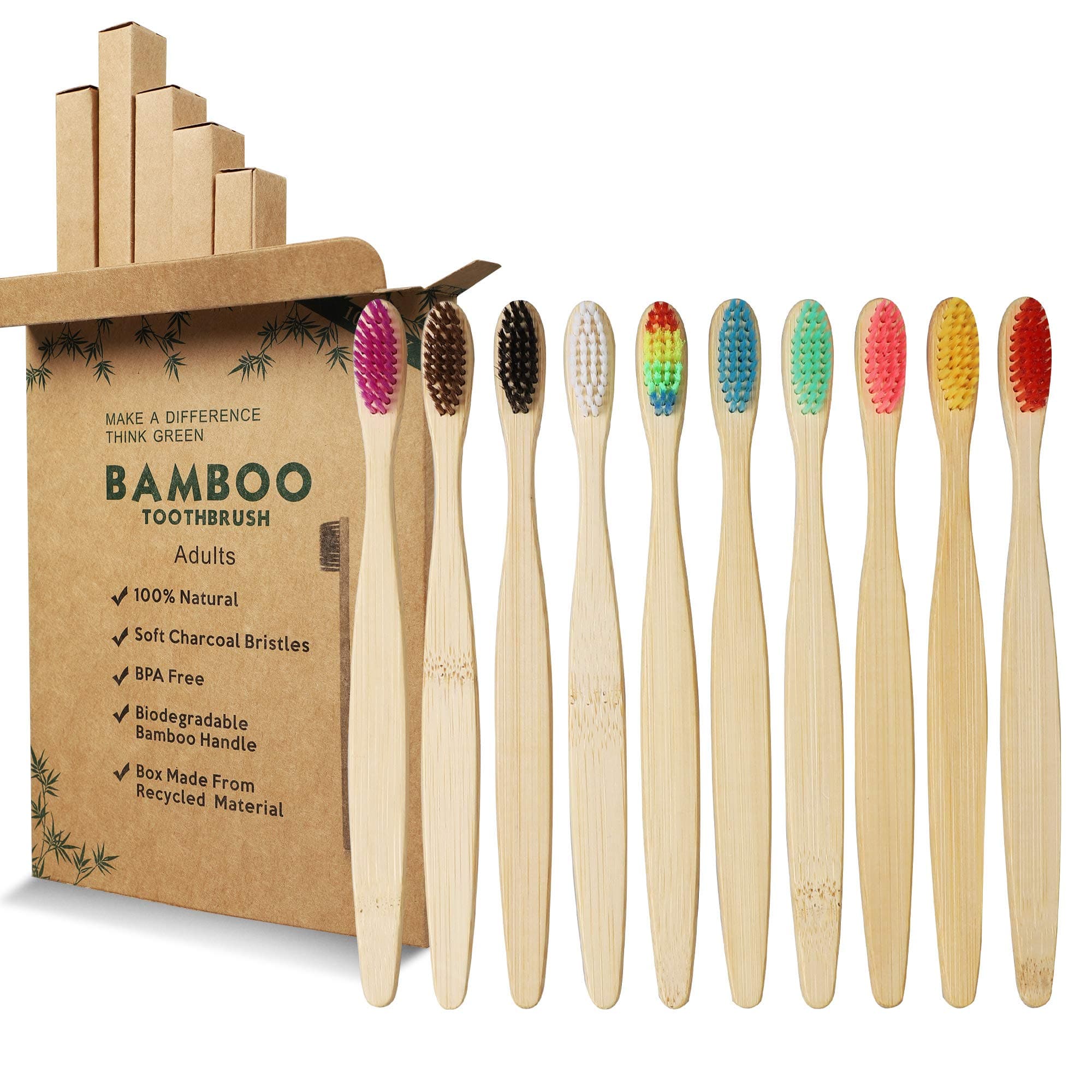 GeekerChip Bamboo toothbrush, 10 colours bamboo toothbrush, natural soft bristles, environmentally friendly and 100% biodegradable