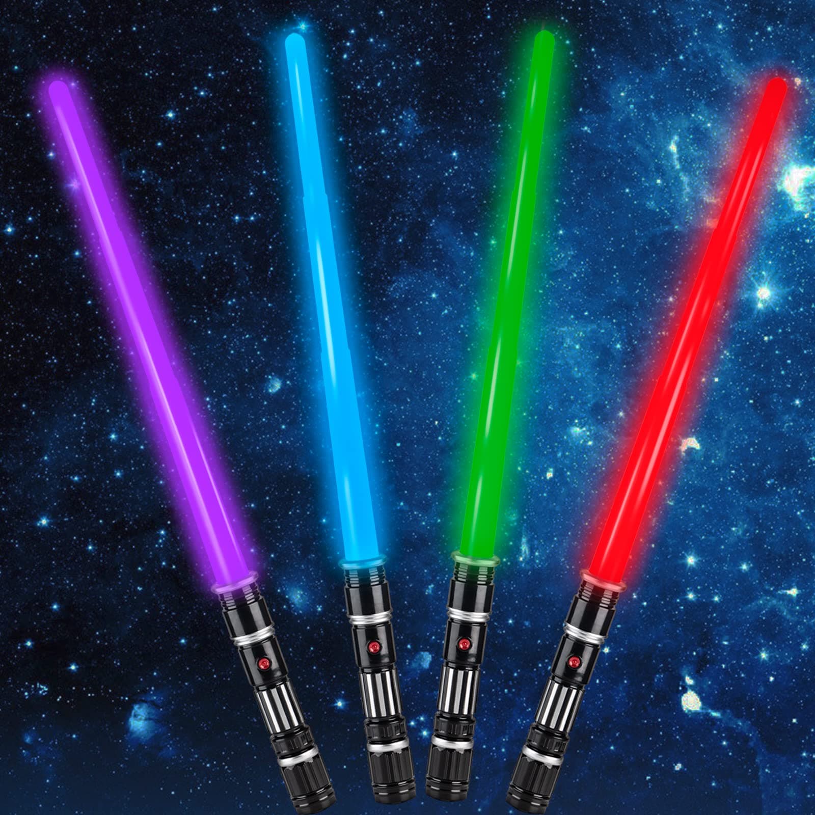 4 Colors Pack 4 Colors Light Up Saver LED Light Sword FX Sound (Motion Sensor) Realistic Handle Expandable Light Up Toy for Kids Adults Warriors Galaxy War Fighter Halloween Party Christmas Gift