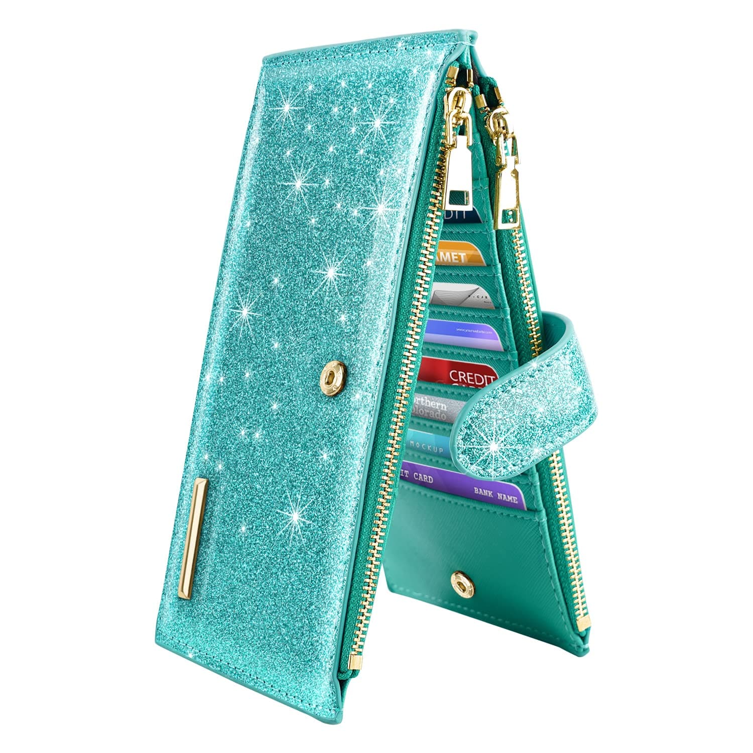 Womens RFID Blocking Glitter Leather Multi Card Organizer Bifold Black Wallet with Zipper Pocket,Tiffany Glitter