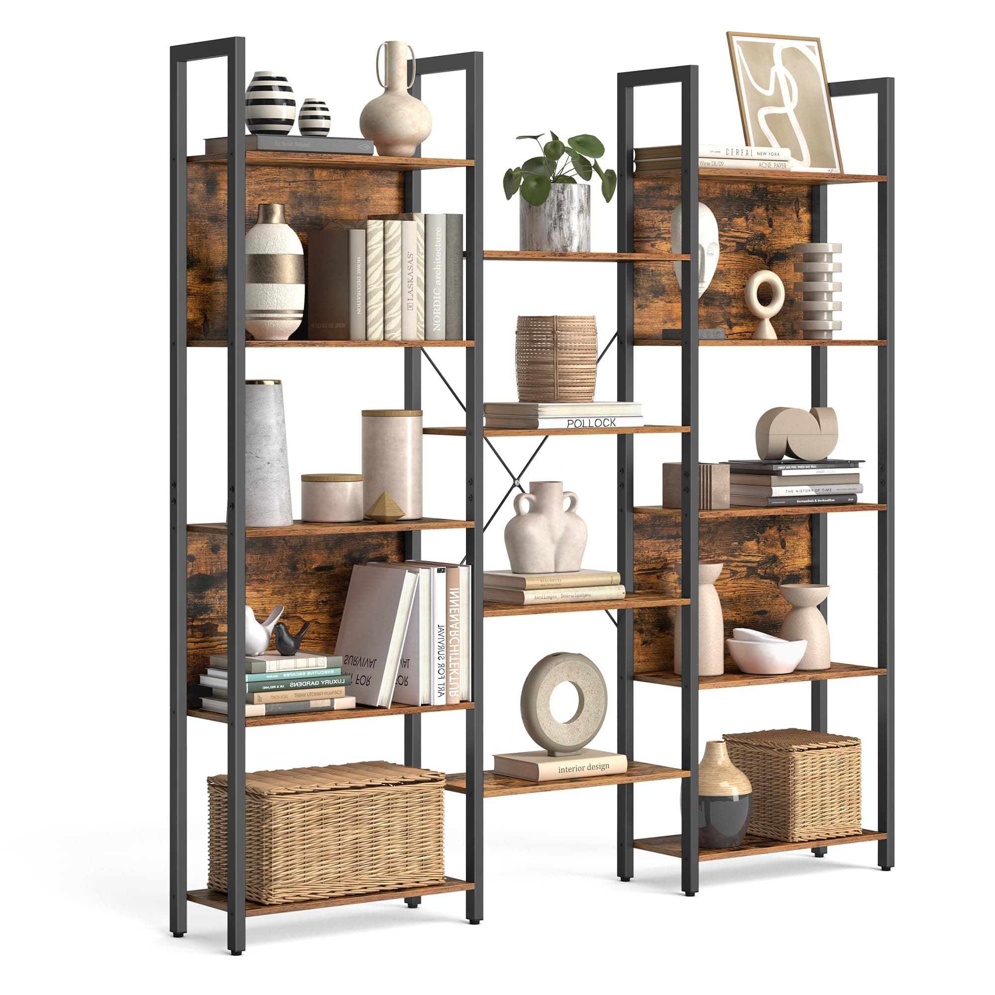 Bookcase, Bookshelf with 14 Shelves, Metal Frame, Shelf Unit for Living Room, Home Office, Industrial Style, 24 x 158 x 166 cm, Rustic Brown and Ink Black LLS107B01
