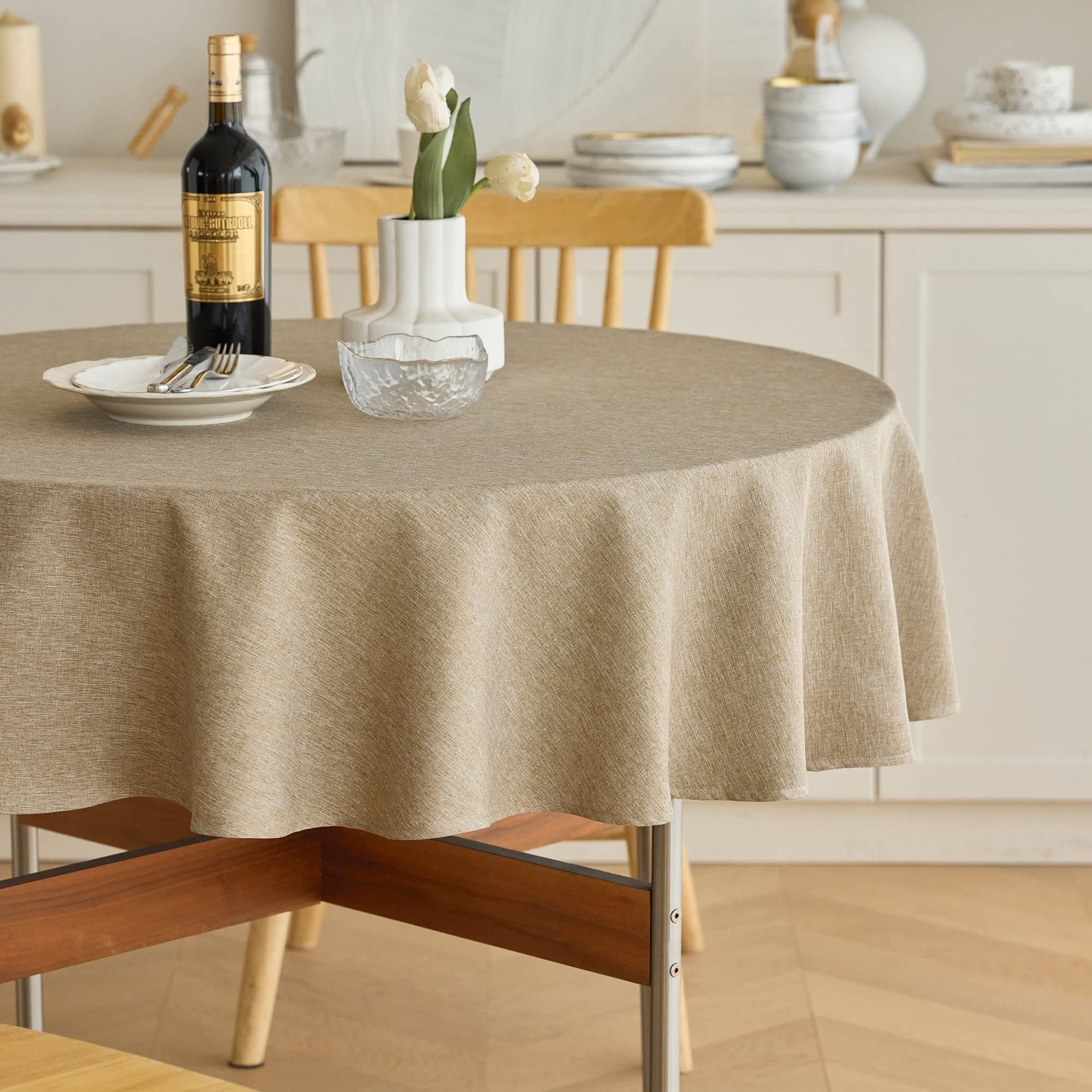 Waterproof Faux Linen Farmhouse Round Table Cloth for Indoor/Outdoor, Decorative Rustic Fabric Tablecloth Cover for Party Picnic Dining & Kitchen Table (60 Inch, Round (2-4 Seats), Natural)