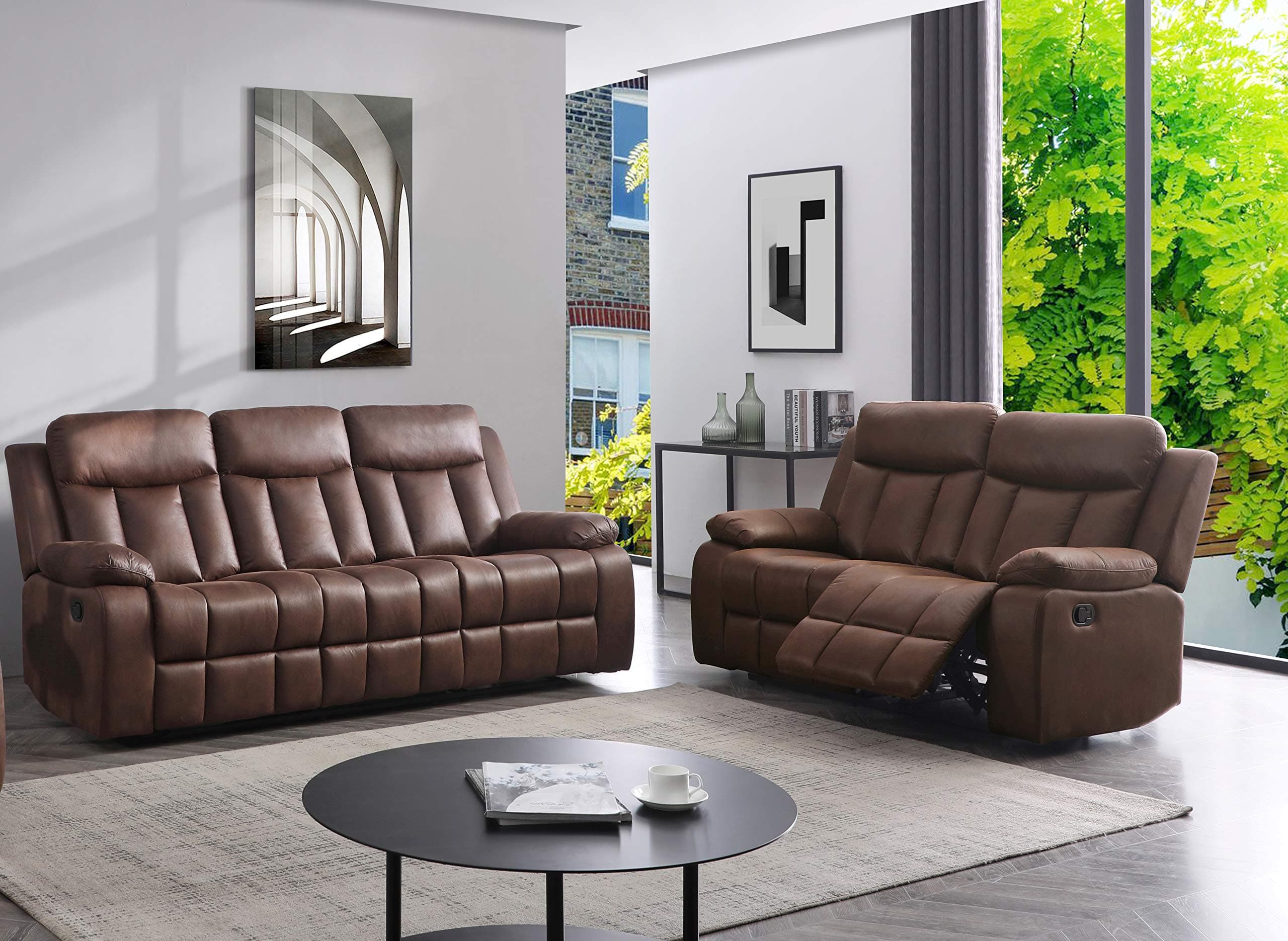 Betsy Furniture New Microfiber Fabric Recliner Set Living Room Set in Brown, Sofa Loveseat Chair Pillow Top Backrest and Armrests 8028 (Living Room Set 3+2)