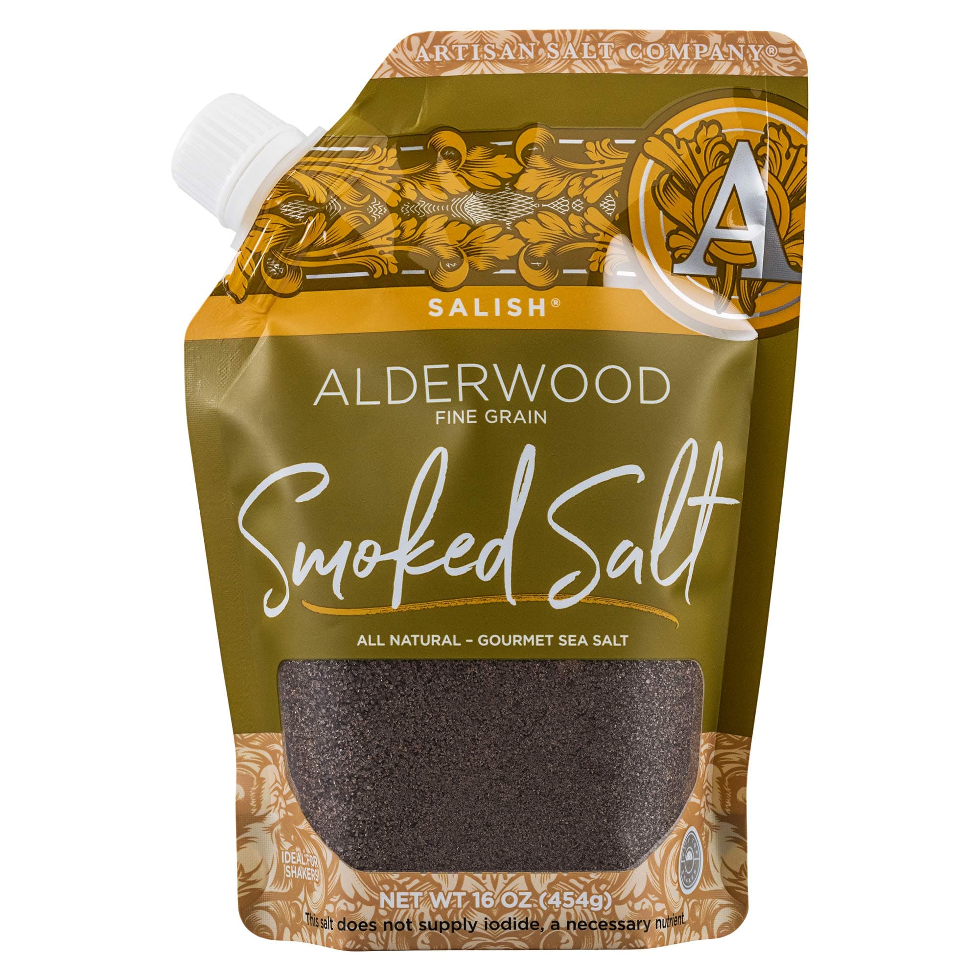 Artisan Salt Company Salish Alderwood Smoked Sea Salt, Fine Grain, Pour Spout Pouch, 16 Ounce