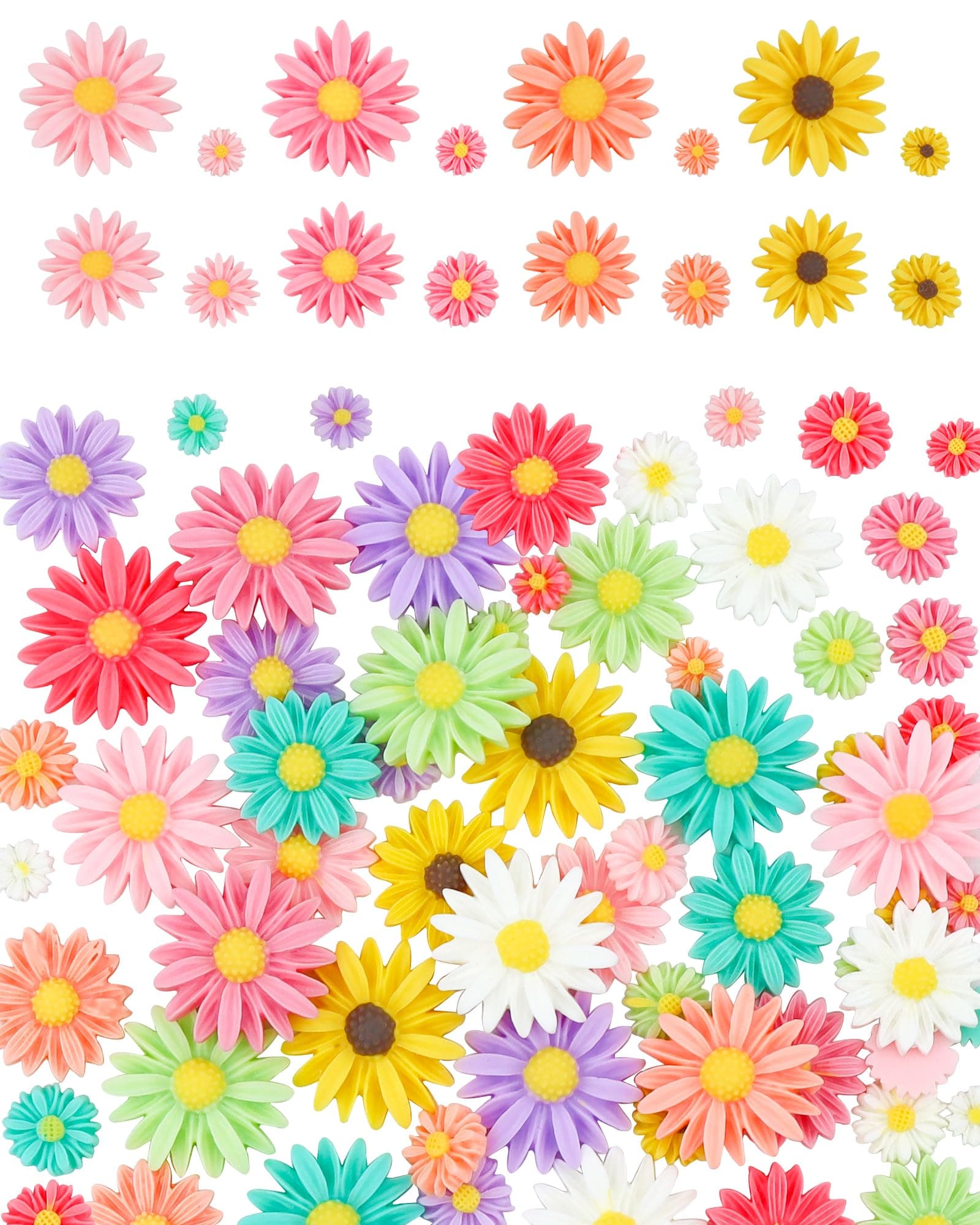 YETOOME 108 Pcs Resin Flower Daisy Cabochons 9 Colors Flatback Resin Flower Beads No Hole Daisy Flat Back Charms for Jewelry Making Scrapbooking Embellishments (4 Sizes)