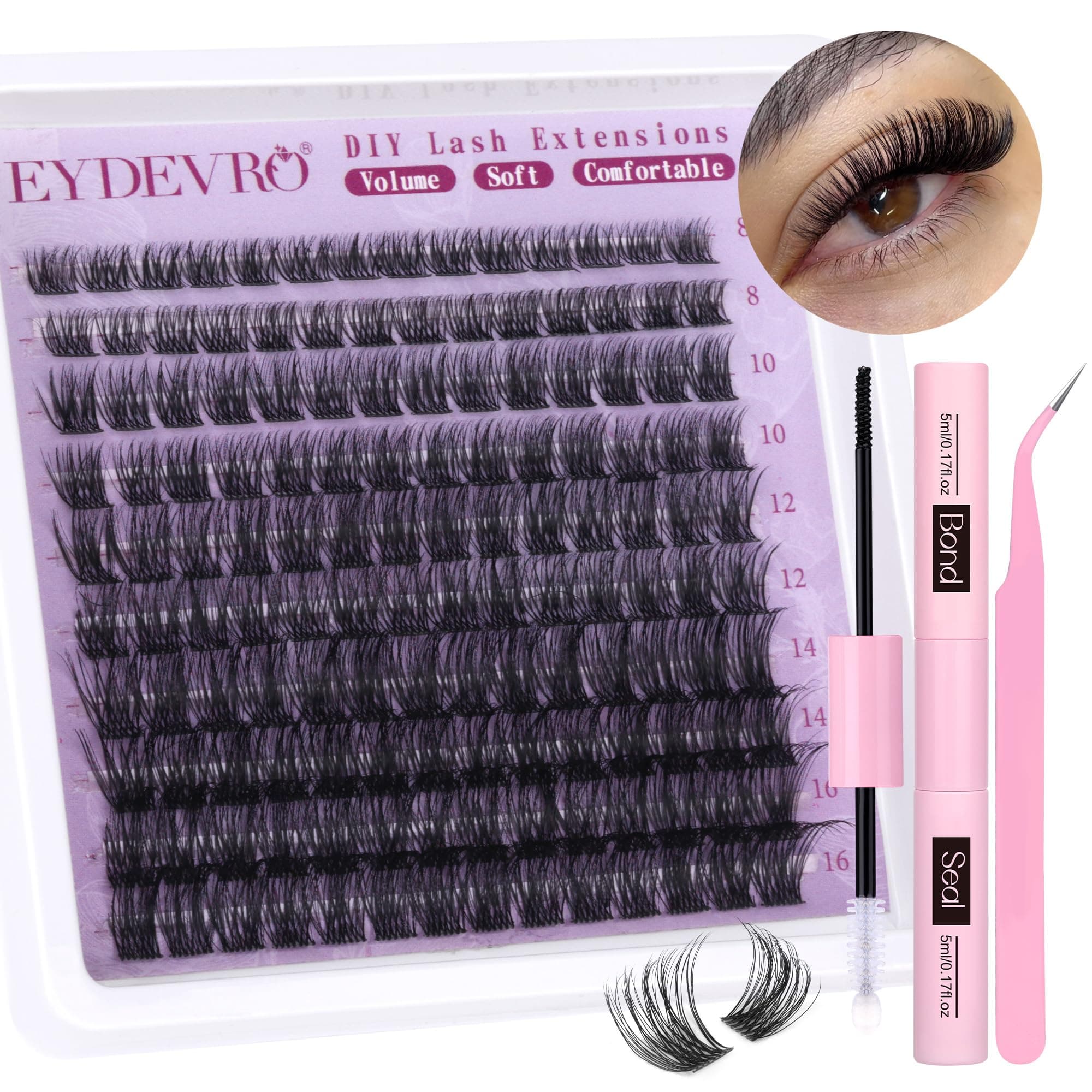 EYDEVRO Natural Cluster Lashes Kit - D Curl Individual Eyelashes Wispy Lash Clusters - Lash Extension Kit - Bond and Seal - Tweezers (0.07, 8-16mm, D Curl)