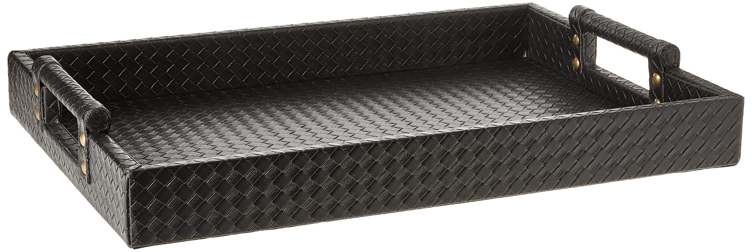 American Atelier Leather Serving Tray with Handles, 14 by 19-Inch, Black