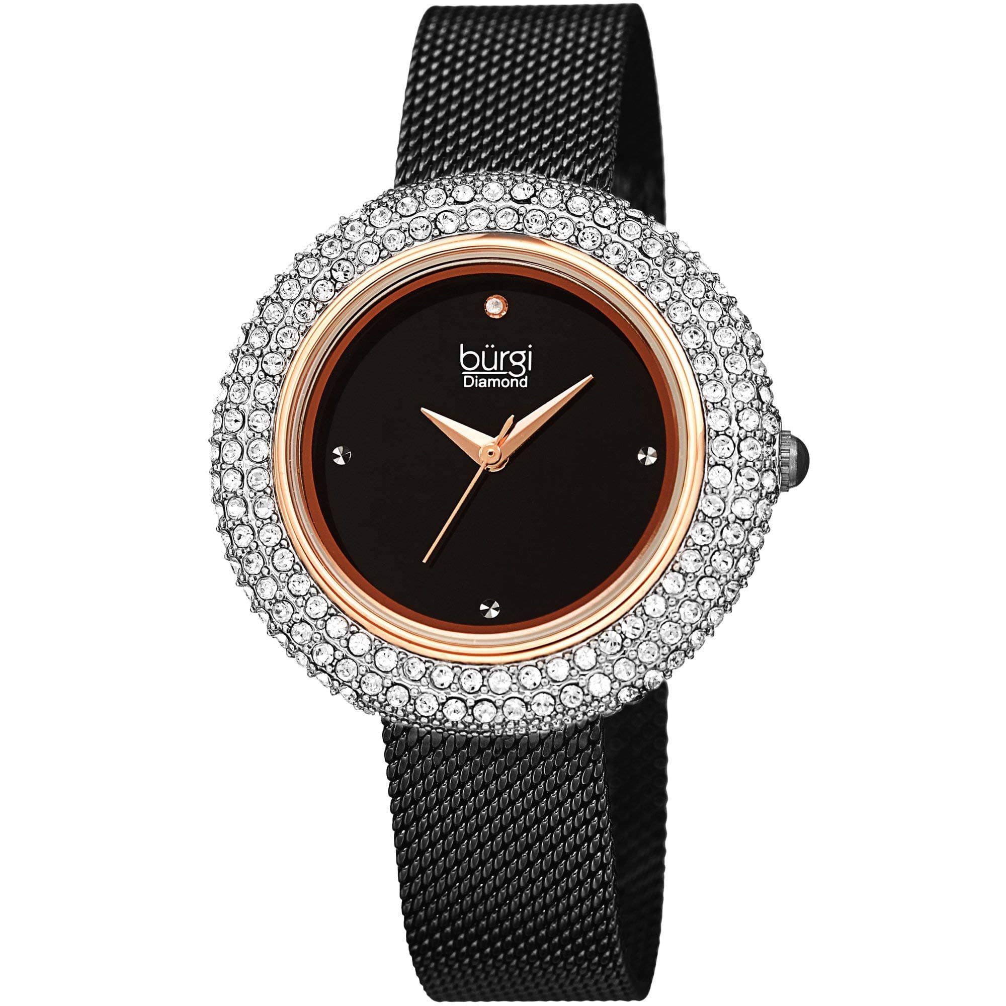 Burgi Swarovski Crystal Women's Watch - A Diamond Hour Marker on Accented Stainless Steel Mesh Bracelet Wristwatch - Perfect for Mother's Day - BUR220