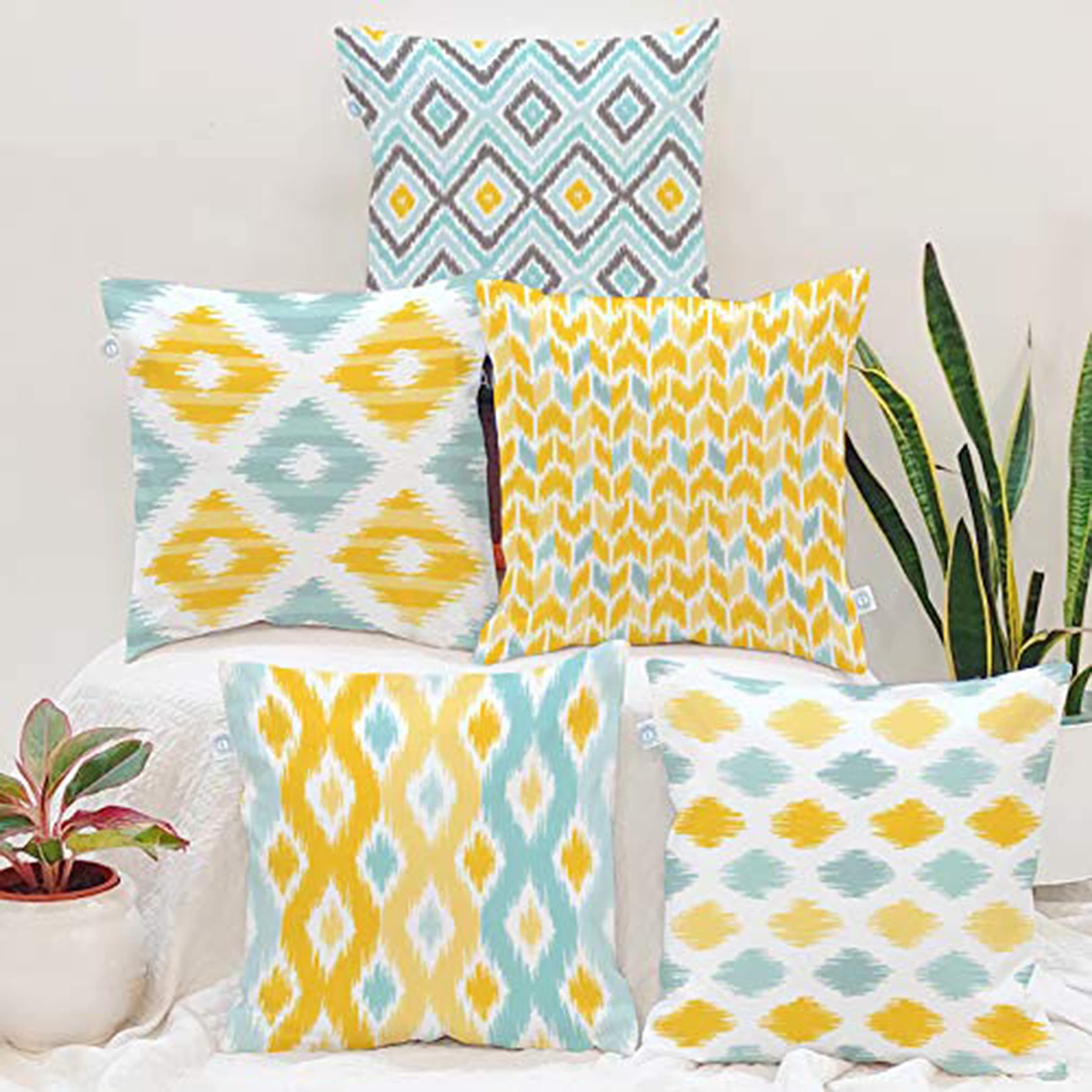STITCHNEST Set of 5 Polycotton Cushion Covers – 18x18 Inches – Yellow & Aqua Ikat-Inspired Geometric Print – Vibrant Cushion Covers for Sofa, Couch & Living Room | Perfect for Home Decor