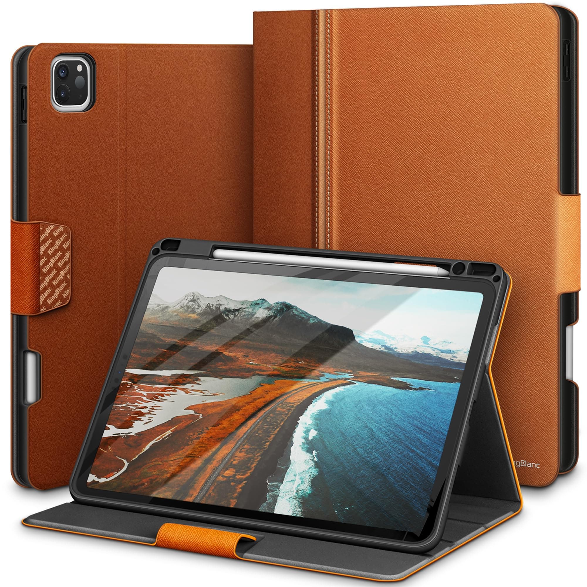 KingBlanc Case for iPad Pro 11 inch 4th/3rd/2nd/1st Generation (2022/2021/2020/2018) with Pencil Holder, PU Leather Protective Stand Folio, Auto Sleep/Wake, Multi-Angles for Viewing/Typing, Brown