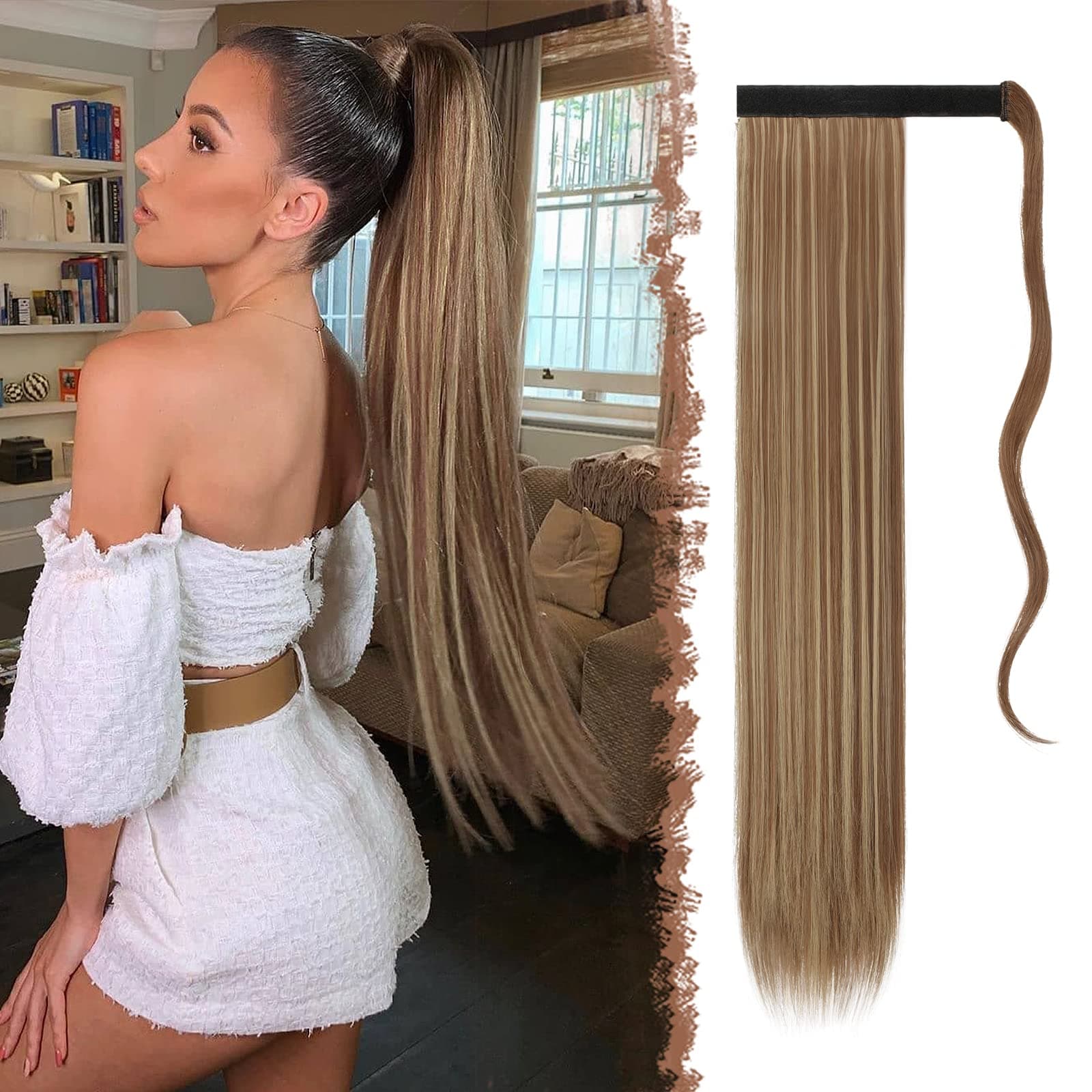 FESHFENPonytail Extensions - 24 Inch Long Straight Brown and Blonde Wrap Around Synthetic Ponytails Hair Piece Pony Tail Hair Extensions Hairpieces for Women