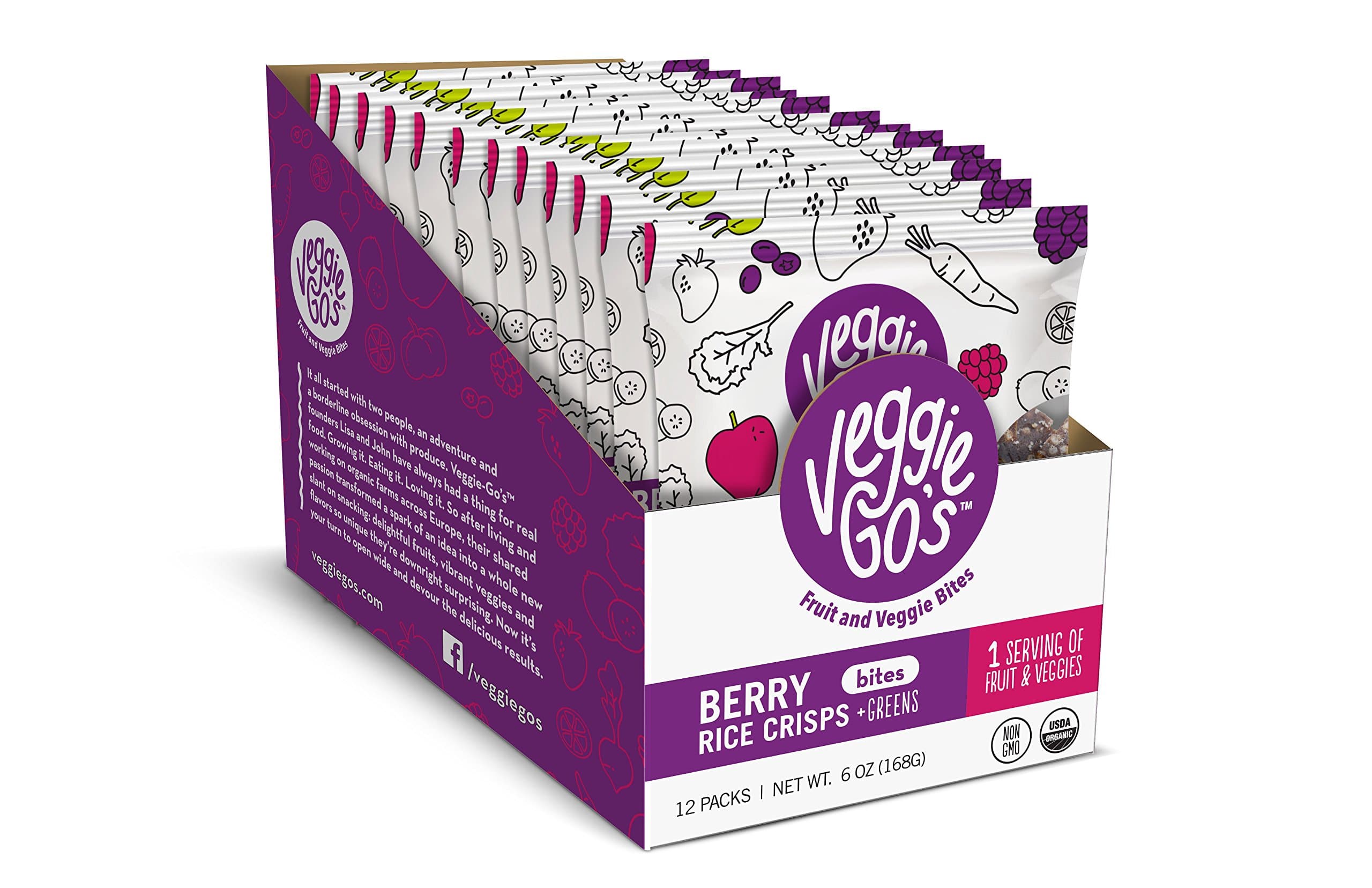Wildmade Veggie Go's Fruit and Veggie Bites (Berry, Rice Crisps + Greens) Organic Fruit Chews with No Added Sugar for Kids and Adults - Gluten-Free, Non-GMO, Vegan - 12 Pack
