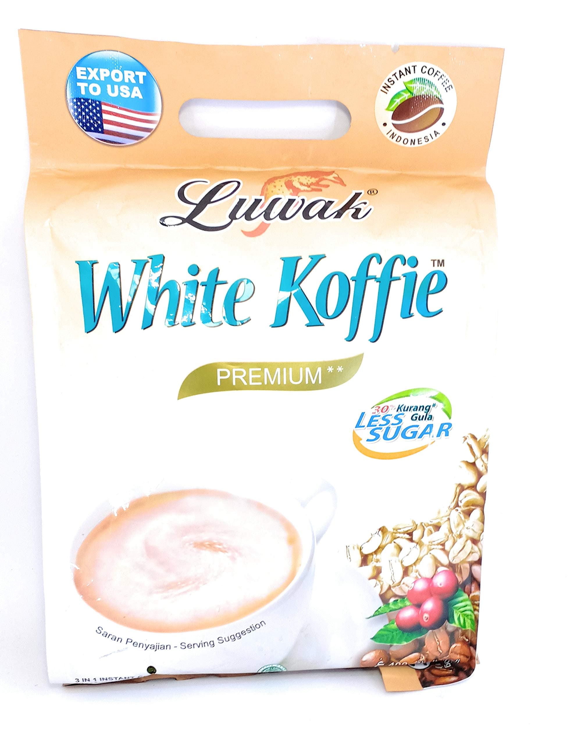 Kopi Luwak White Koffie Premium (3 in 1) Low Acid and Less Sugar Instant Coffee 20-ct, 400 Gram