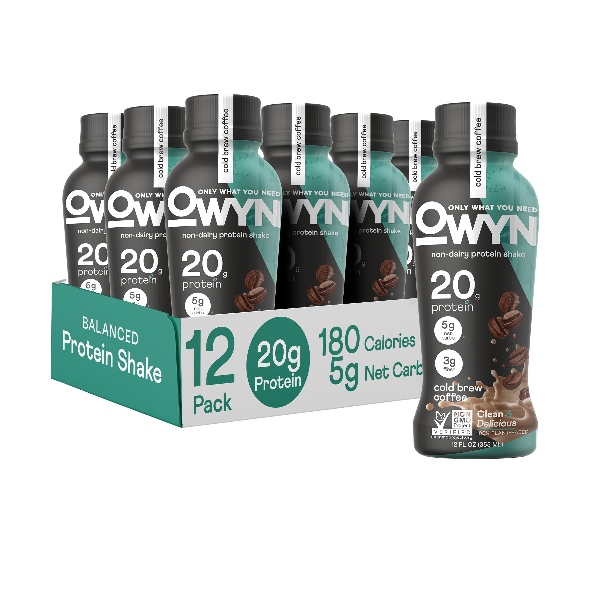 OWYN 100% Vegan Plant-Based Protein Shake, Cold Brew Coffee, 12 Pack, with 20g Plant Protein, Omega-3, Prebiotic supplements, Superfoods Greens Blend, Gluten-Free, Soy-Free, Non-GMO