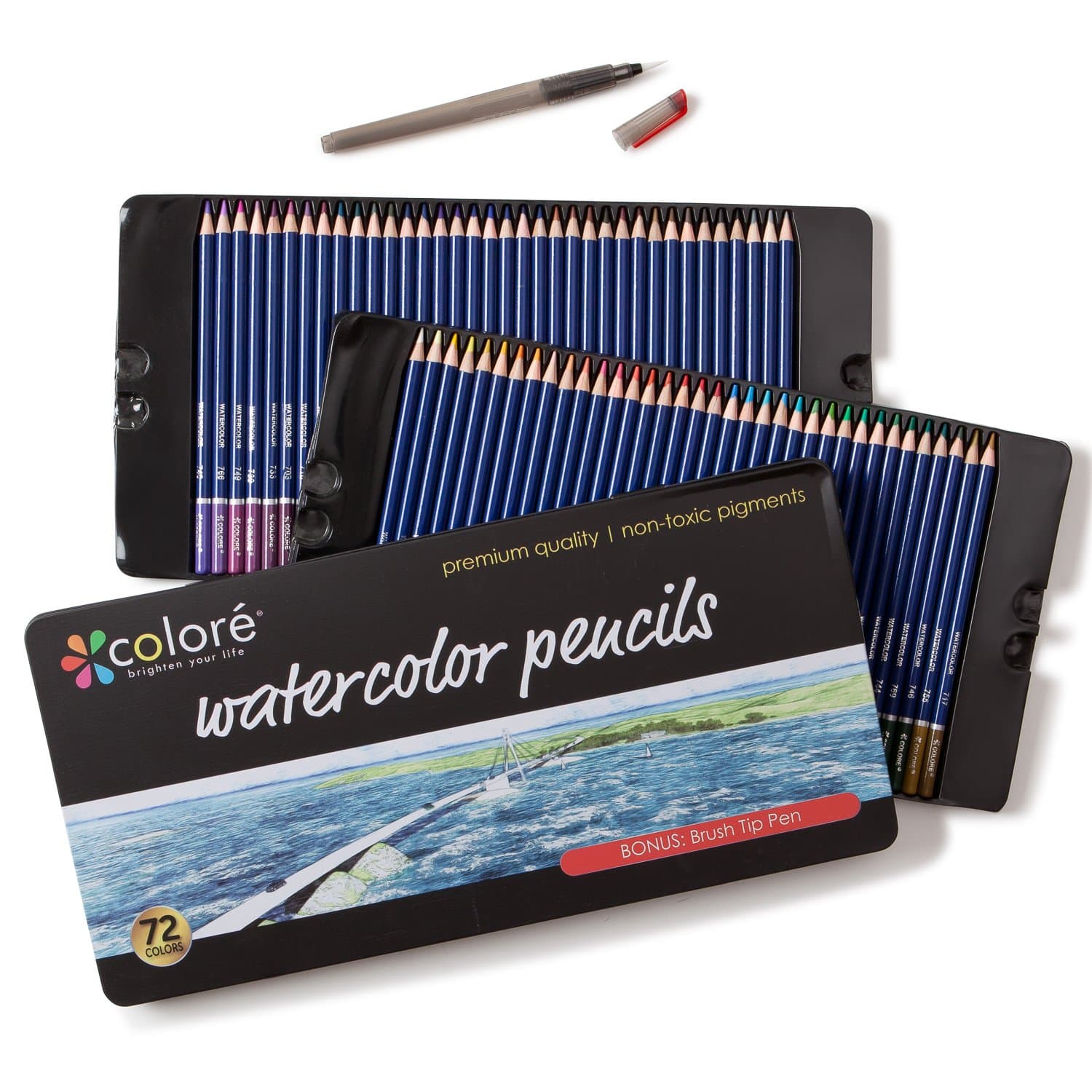 Colore Watercolour Pencils - 72 Water Soluble Coloured Pencils for Art Students & Professionals - Assorted Colours for Sketch Colouring Book for Kids & Adults - Free Brush Tip Pen - Set of 72 Colour