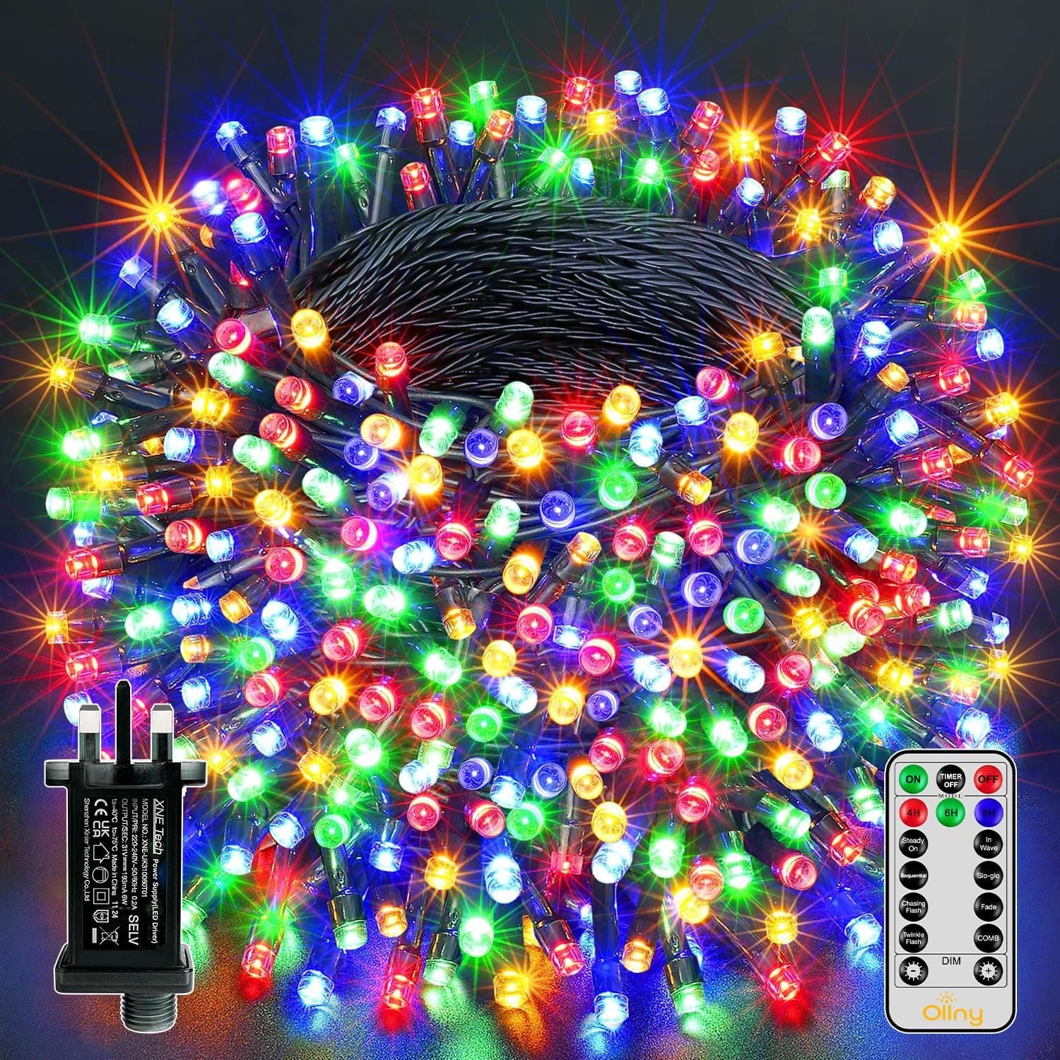 Ollny Christmas Tree Lights Outdoor, 20m 200 LED Fairy Lights Mains Powered, Multicolour Waterproof String Light with Plug/Remote/Modes/Timer, Bright Lighting Outside Indoor Garden Xmas Decorations
