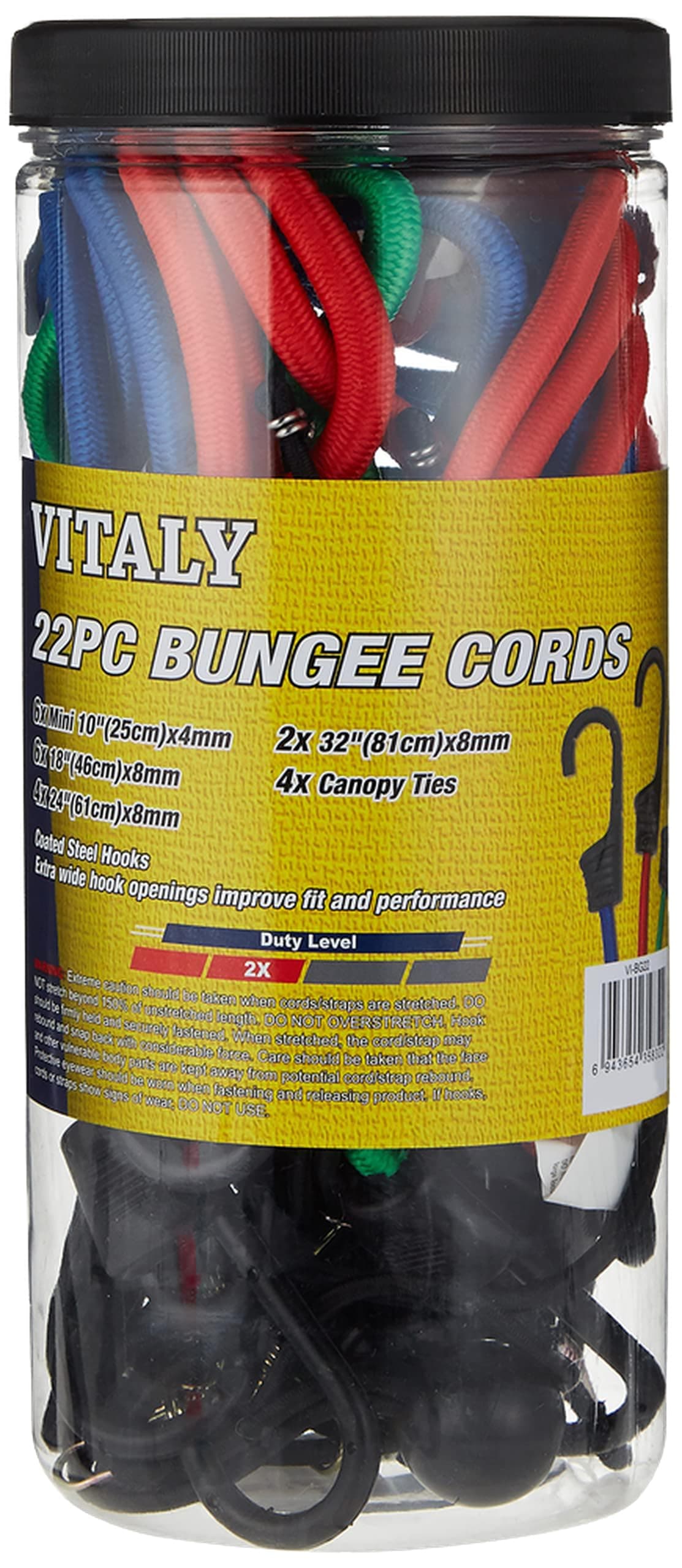 Vitaly Bungee Cords, 22 Pieces – Multi-Colored with Coated Steel Hooks – Extra Wide Hook Openings for Improved Fit & Performance – Includes Mini, Standard, and Canopy Ties – Perfect for Securing Loads
