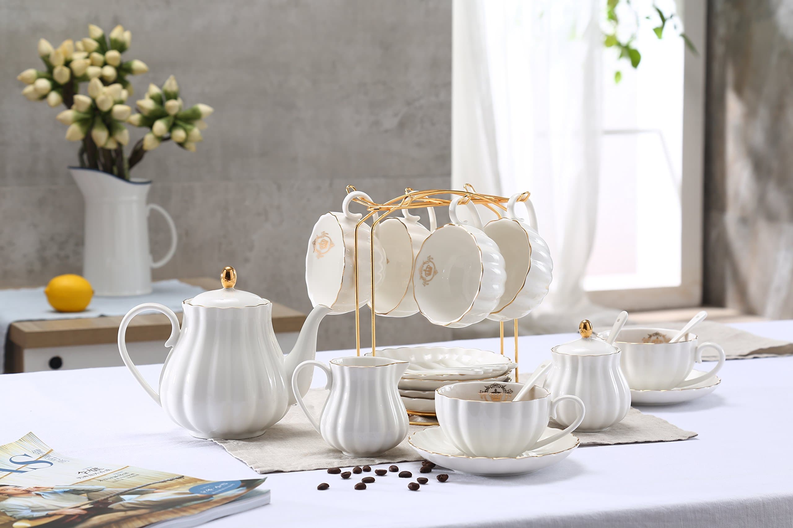 Lieras Porcelain Tea Sets British Royal Series, 8 OZ Cups& Saucer Service for 6, with Teapot Sugar Bowl Cream Pitcher Teaspoons and Tea Strainer for Tea/Coffee(Lily White)