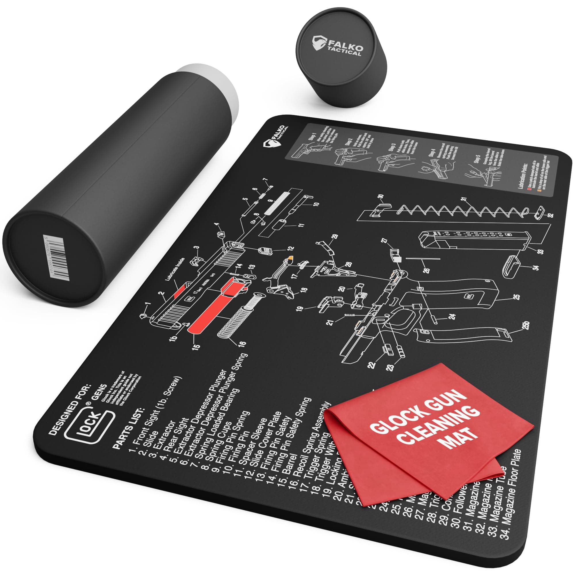 Falko Tactical Gun Cleaning Mat for Glock - Double Thickness Gun Mat - HD Exploded Diagram Including Parts List, Lubrication Points and Disassembly Steps (20 by 12 Inches)