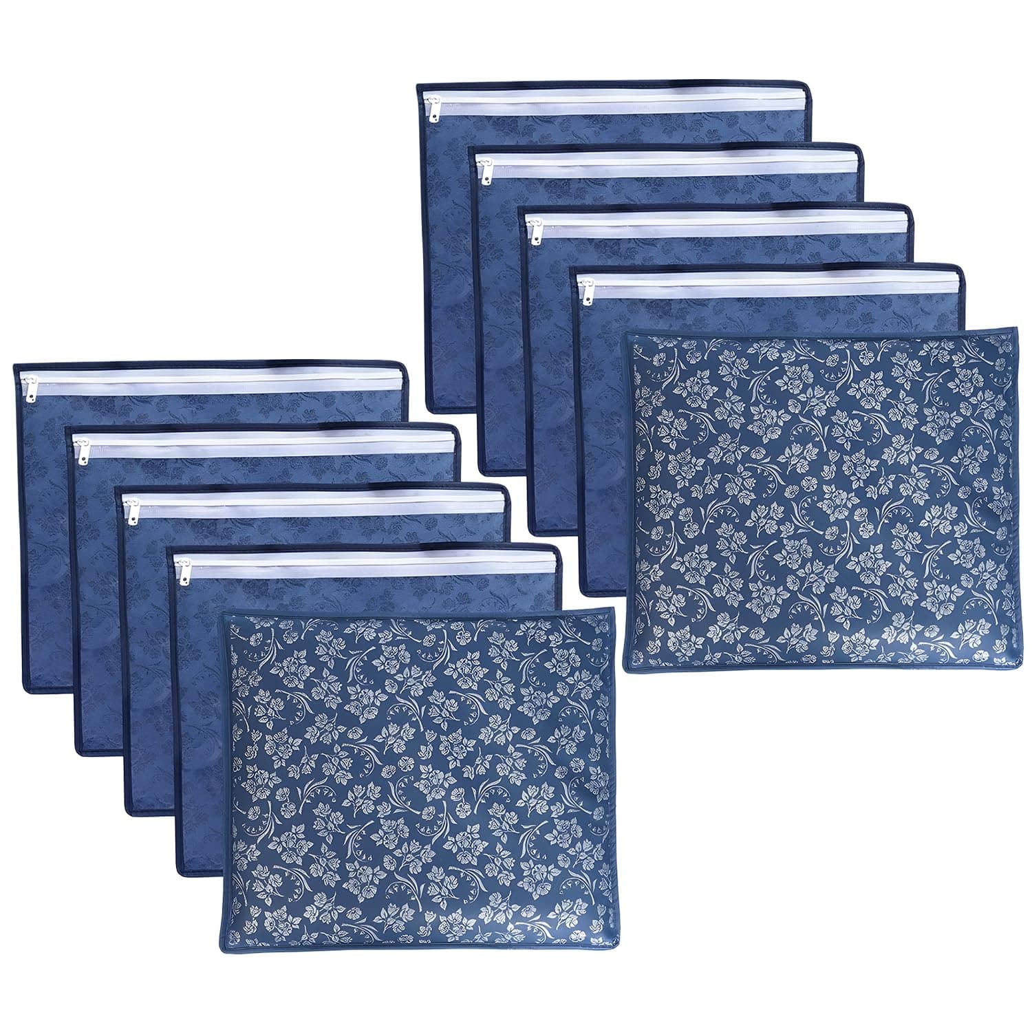Non-Woven Printed Single Saree Cover, Saree Bag Pack of 10Pcs, Transparent Saree Covers With Zip, Saree Covers For Storage, Wardrobe Organiser, Size-36x42x2cm (Blue)