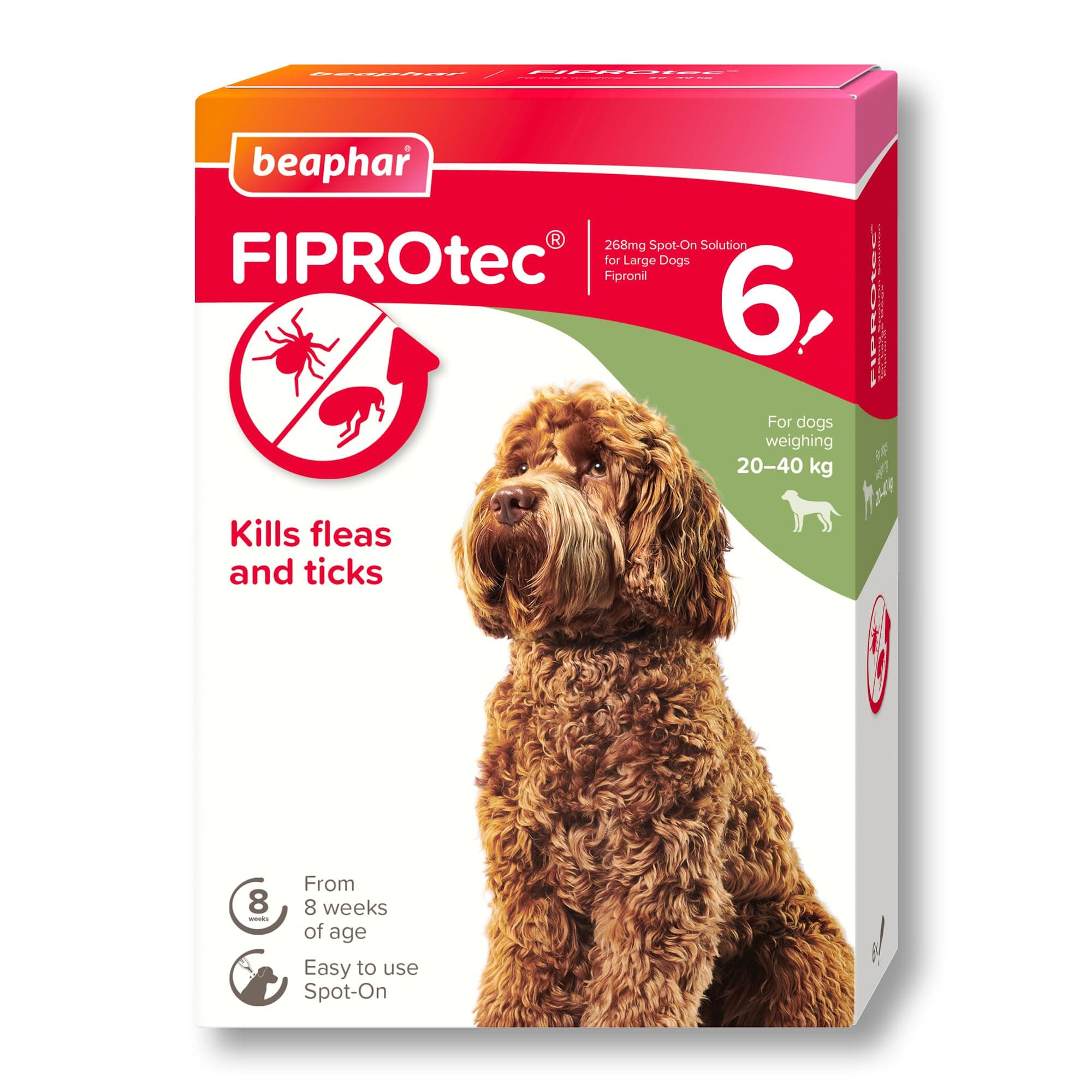 FIPROtec Spot-On Flea & Tick Treatment for Large Dogs 20-40kg – 6 Pipettes - Kills Fleas & Ticks - Veterinary Medicine - Easy to Apply Monthly - Suitable for Dogs & Puppies from 8 Weeks