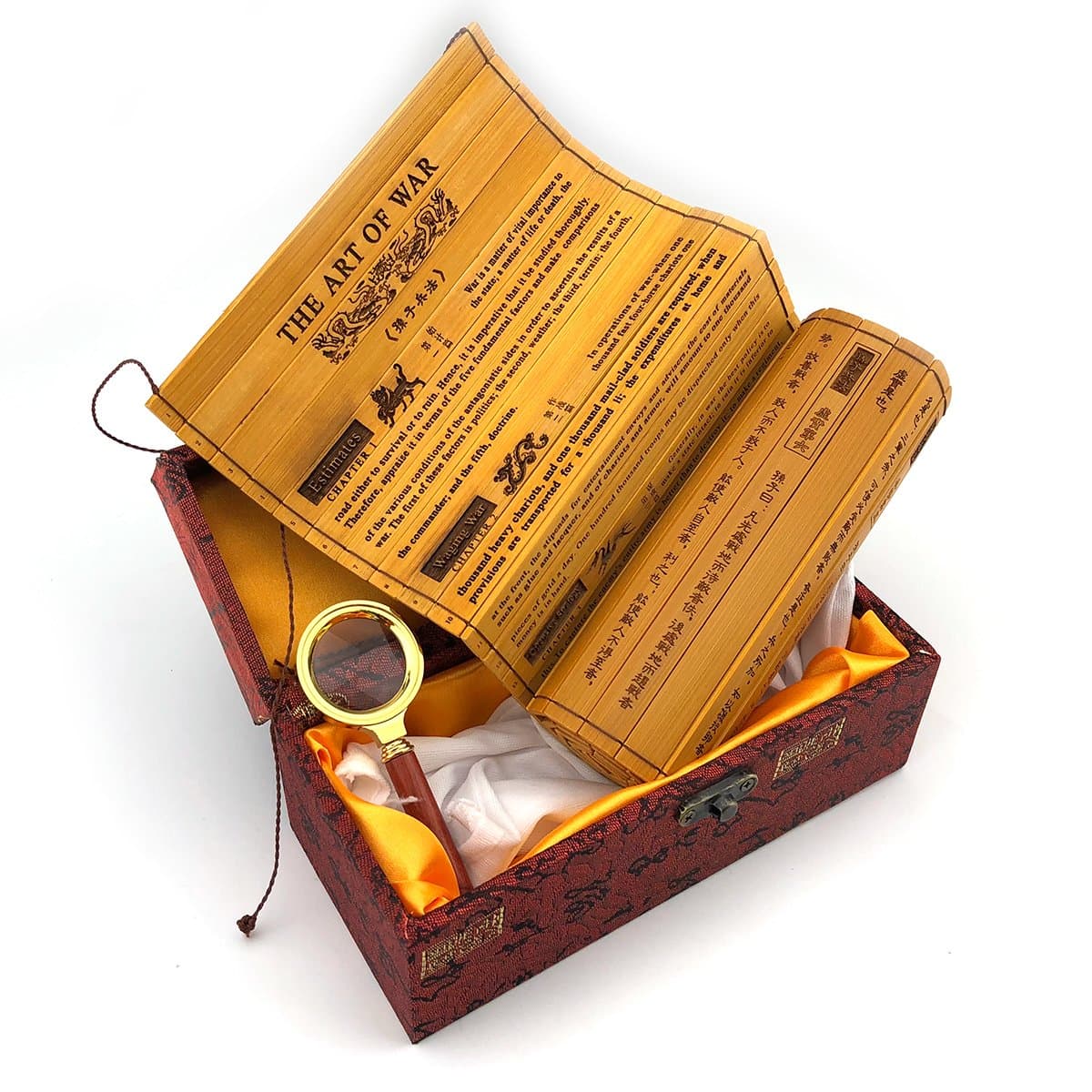 ZOOOBELIVES The Art of War Collectable Bamboo Scroll with Wooden Gift Box, Chinese Style High-end Gift Table Wall Office & Home Decorations, Bilingual Edition, English and Chinese (Brocade Box)