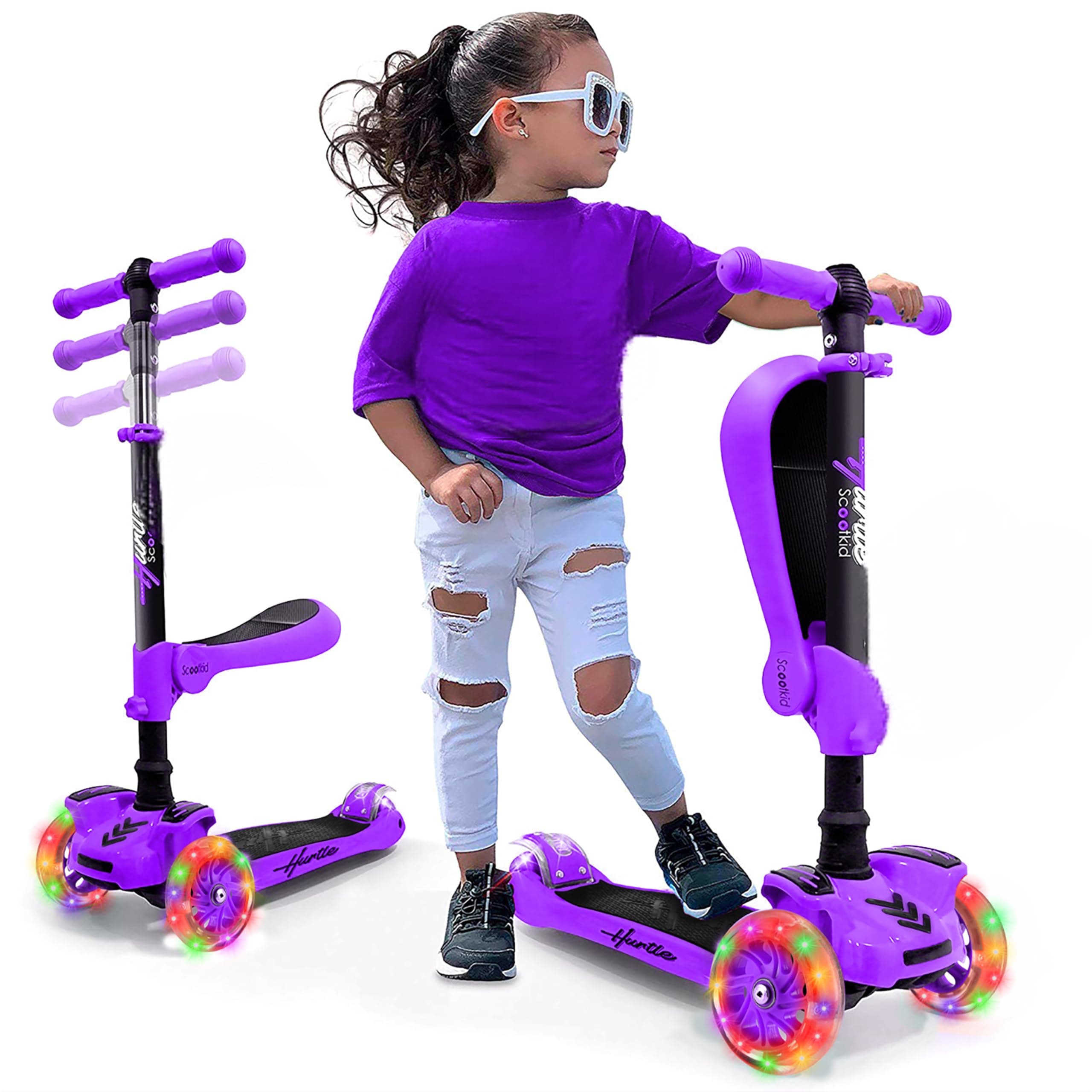 Hurtle 3-Wheeled Scooter for Kids - Wheel LED Lights, Adjustable Lean-to-Steer Handlebar, and Foldable Seat - Sit or Stand Ride with Brake for Boys and Girls Ages 1-14 Years Old