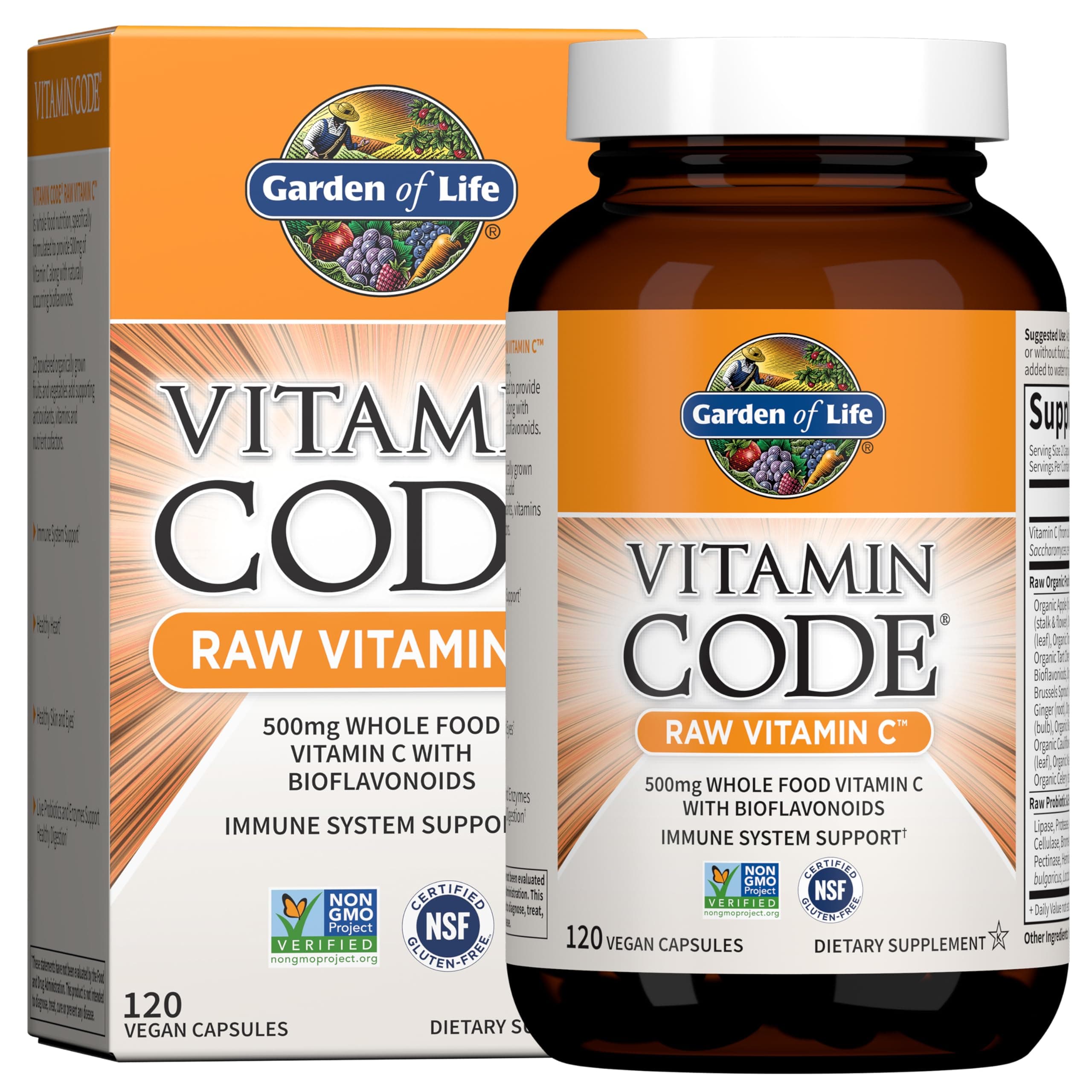 Garden of Life Vitamin Code Raw Vitamin C - 120 Capsules, 500mg Whole Food Vitamin C Capsules + Fruit & Veggie Blend & Probiotics, Supplements for Adults, Vegan, Gluten Free