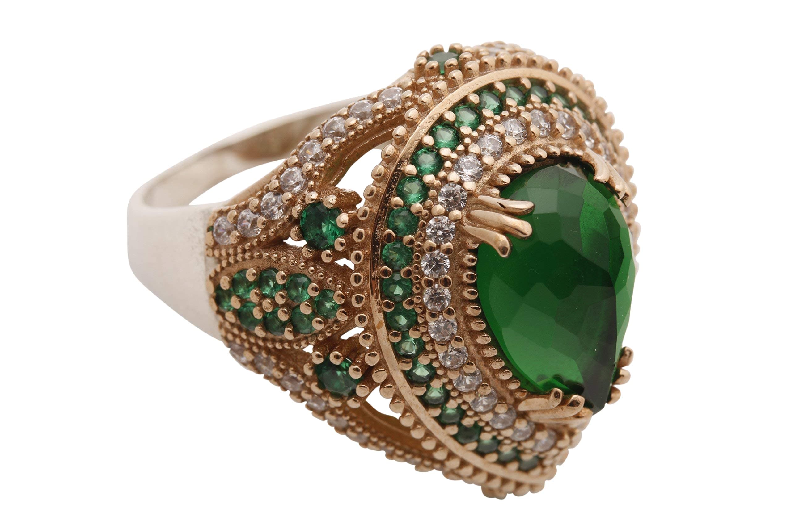 Turkish Ottoman Style Sultan's Collection Jewelry Drop Shape Pear Cut Emerald and Round Cut Topaz 925 Sterling Silver Ring Size All