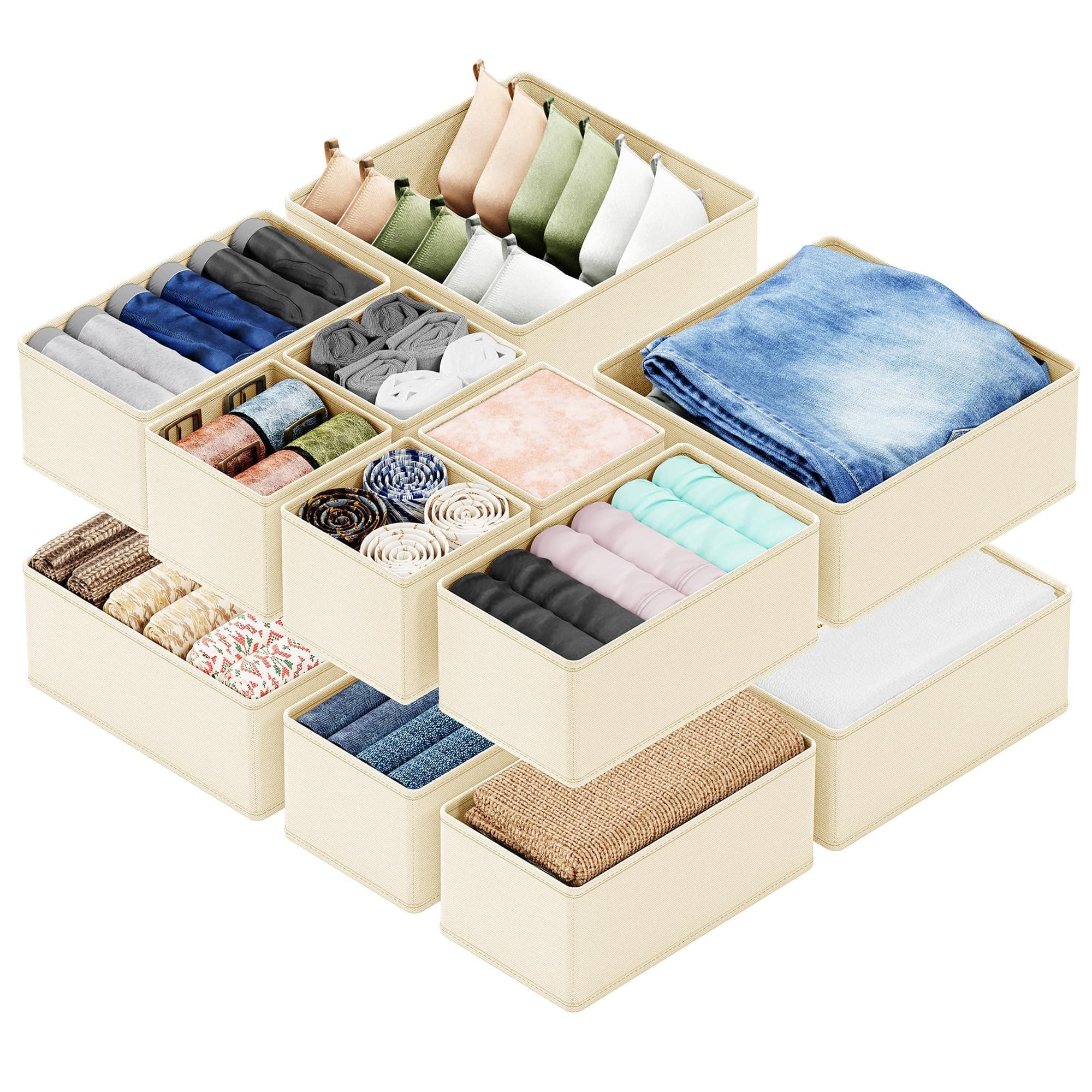 12 Pack Clothing Storage Organizers, Drawer Organizer Bins for Nursery, Closet Organization and Storage Dividers for Clothing, Underwears, Socks (Beige)