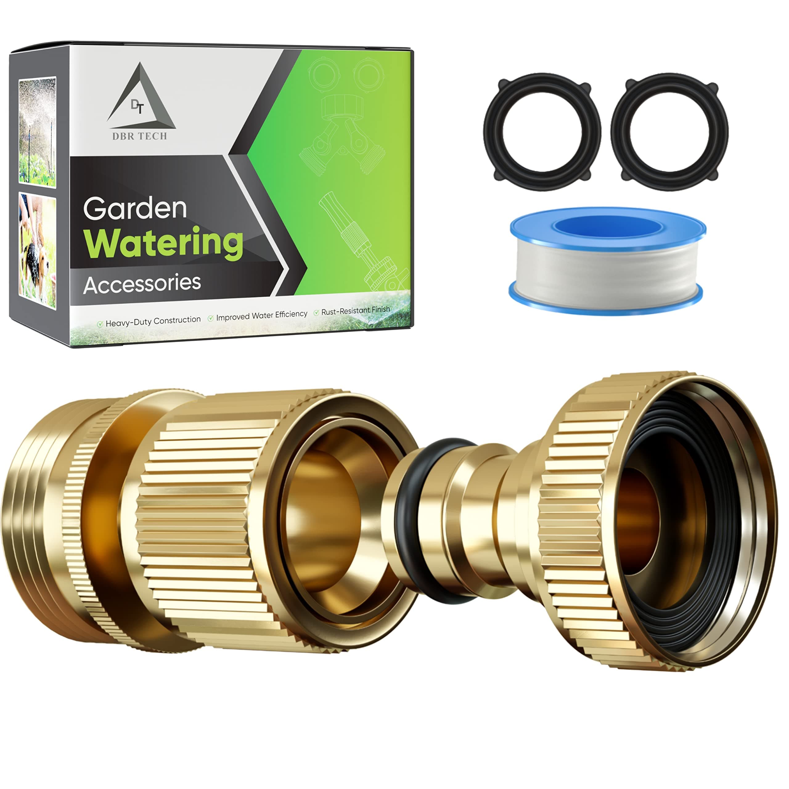 DBR Tech Quick Connect Garden Hose Fittings, Male and Female Solid Brass Connectors, Heavy-Duty Rust Resistant Coupler Supports High Water Pressure Systems, Easy Disconnect Fitting, 1-Pack,ET