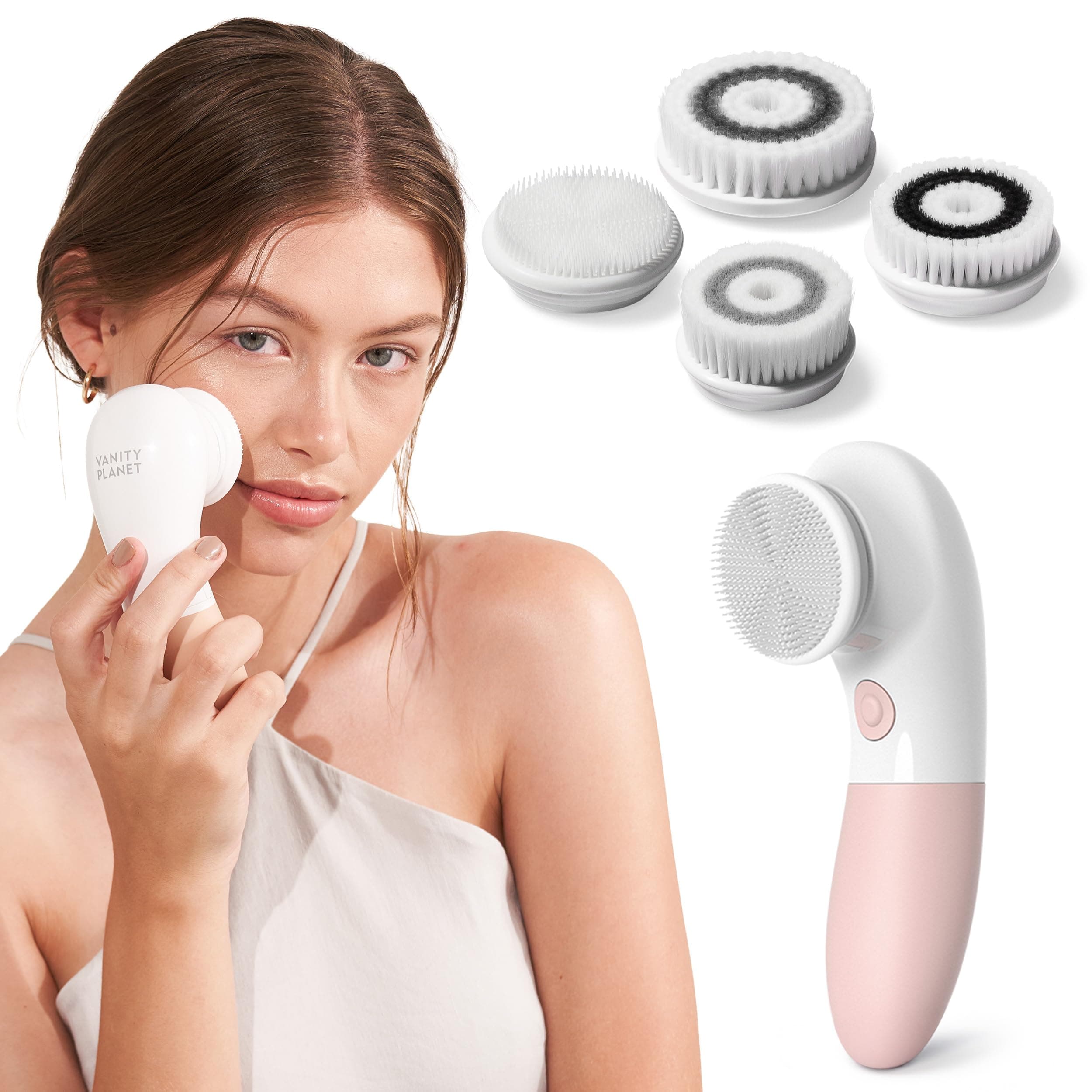Vanity Planet (Dusty Pink) - Raedia Facial Cleansing Brush with 3 Interchangeable Brush Heads - Daily Cleansing Glowing Skin Lightweight Skin Brush Face Exfoliator Water Resistant (Dusty Pink)