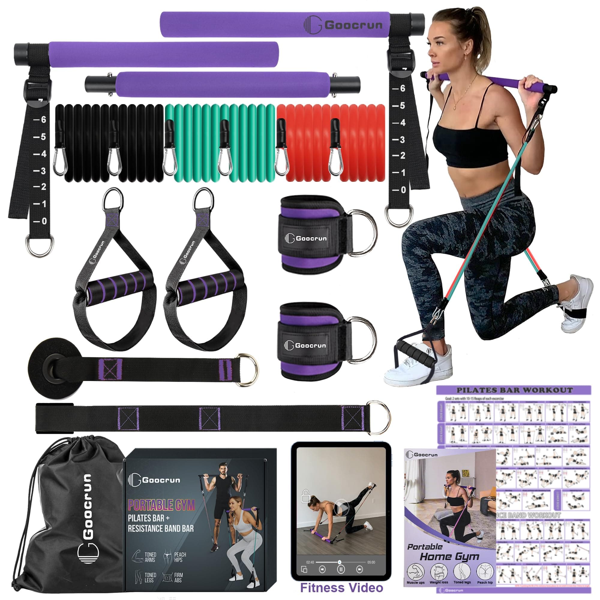 Portable Pilates Bar Kit with Resistance Bands for Men and Women - 3 Set Exercise Resistance Bands - Multifunctional Home Gym - Supports Full-Body Workouts – with Fitness Poster and Video
